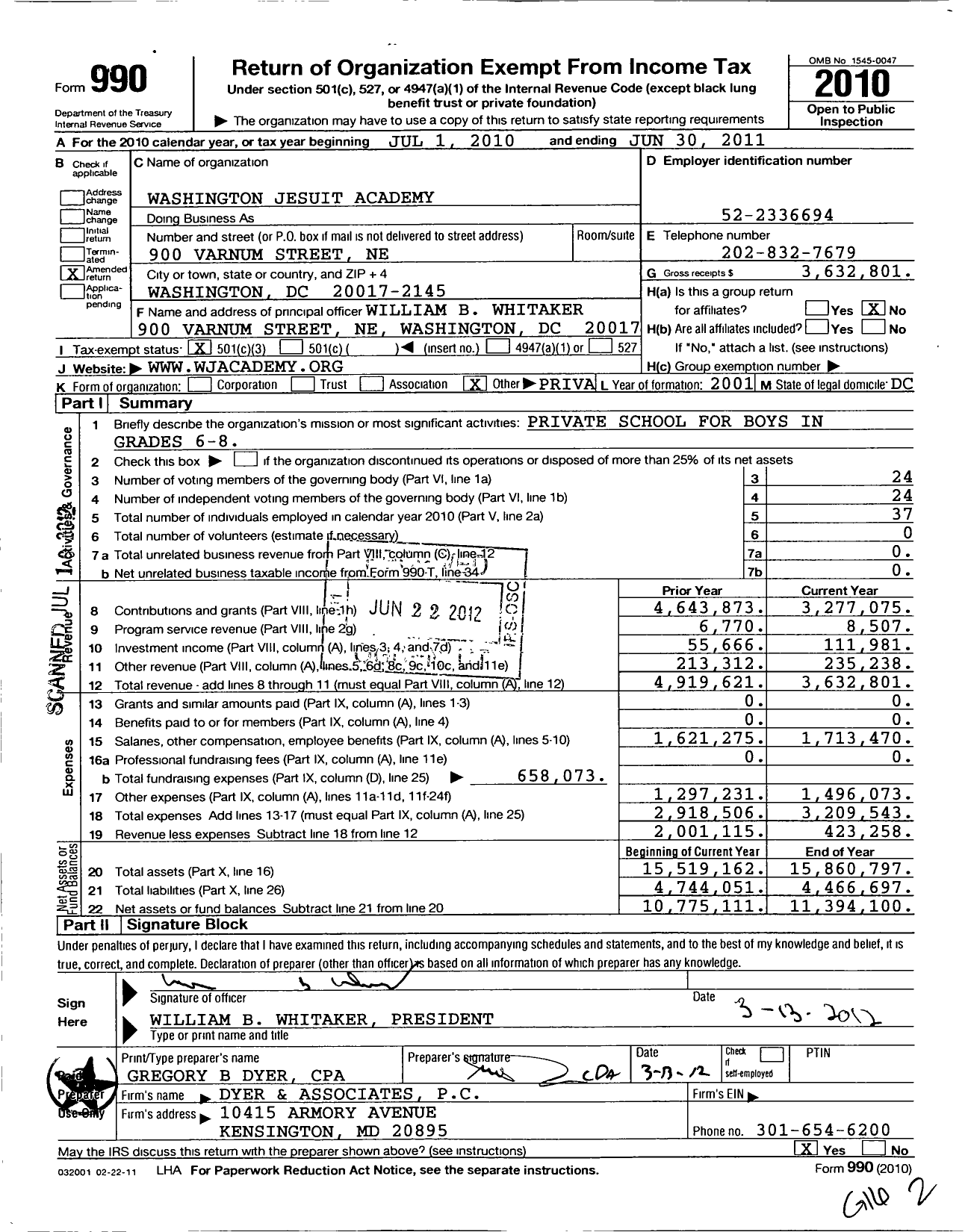 Image of first page of 2010 Form 990 for Washington Jesuit Academy