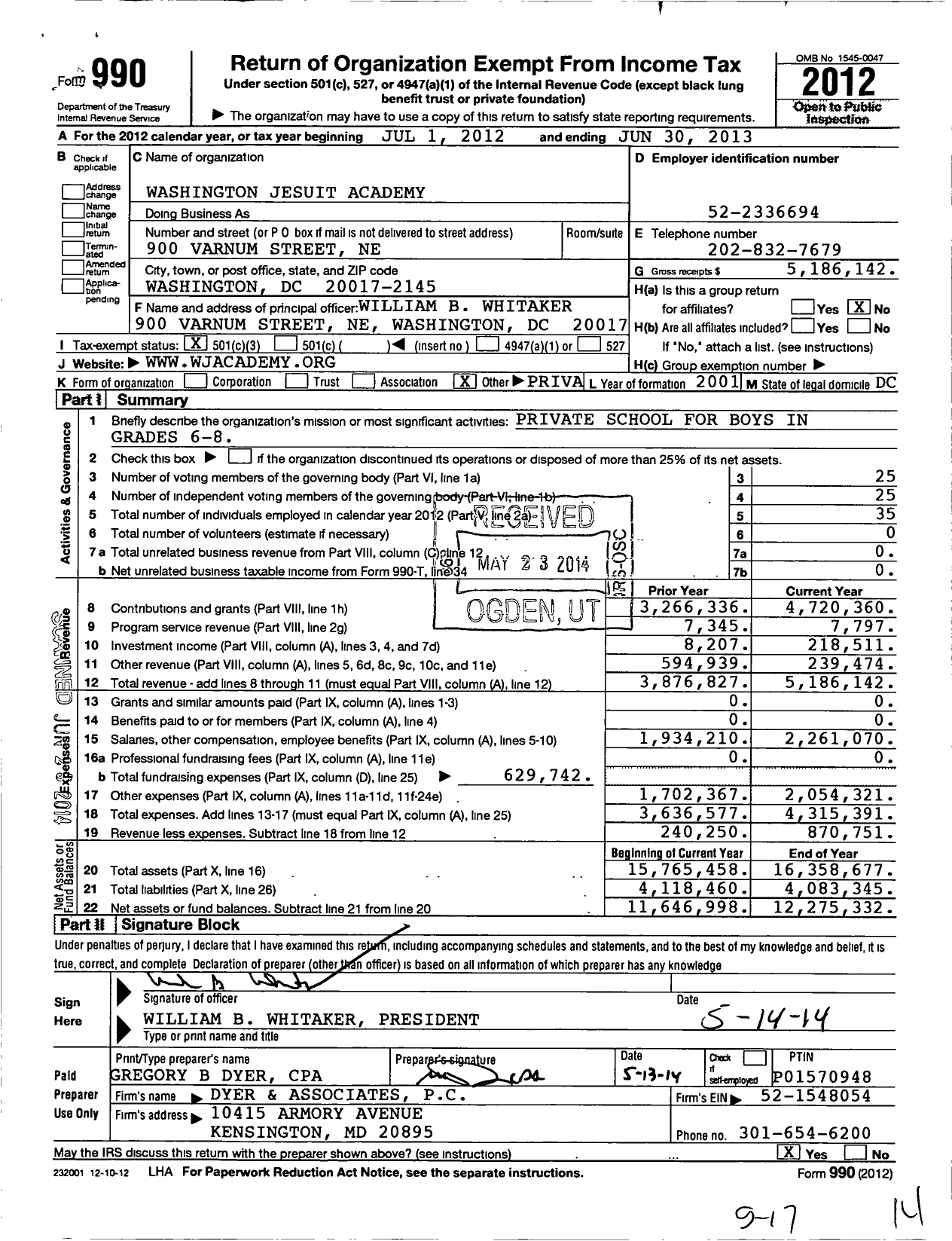 Image of first page of 2012 Form 990 for Washington Jesuit Academy