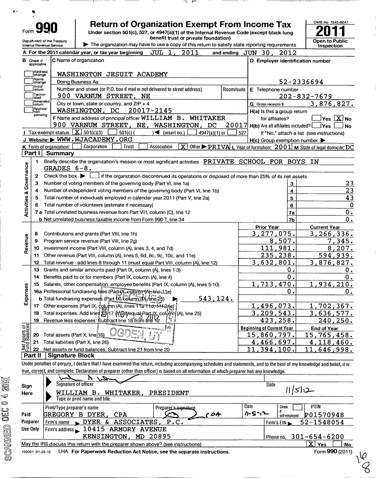 Image of first page of 2011 Form 990 for Washington Jesuit Academy