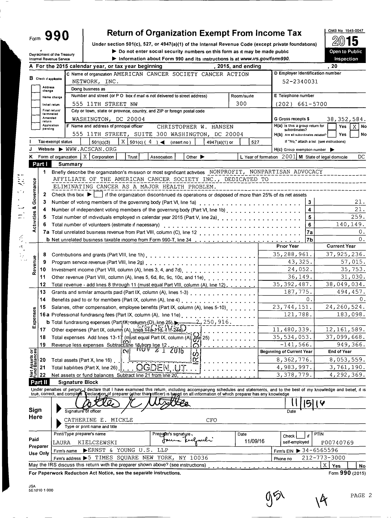 Image of first page of 2015 Form 990O for American Cancer Society Cancer Action Network (ACSCAN)