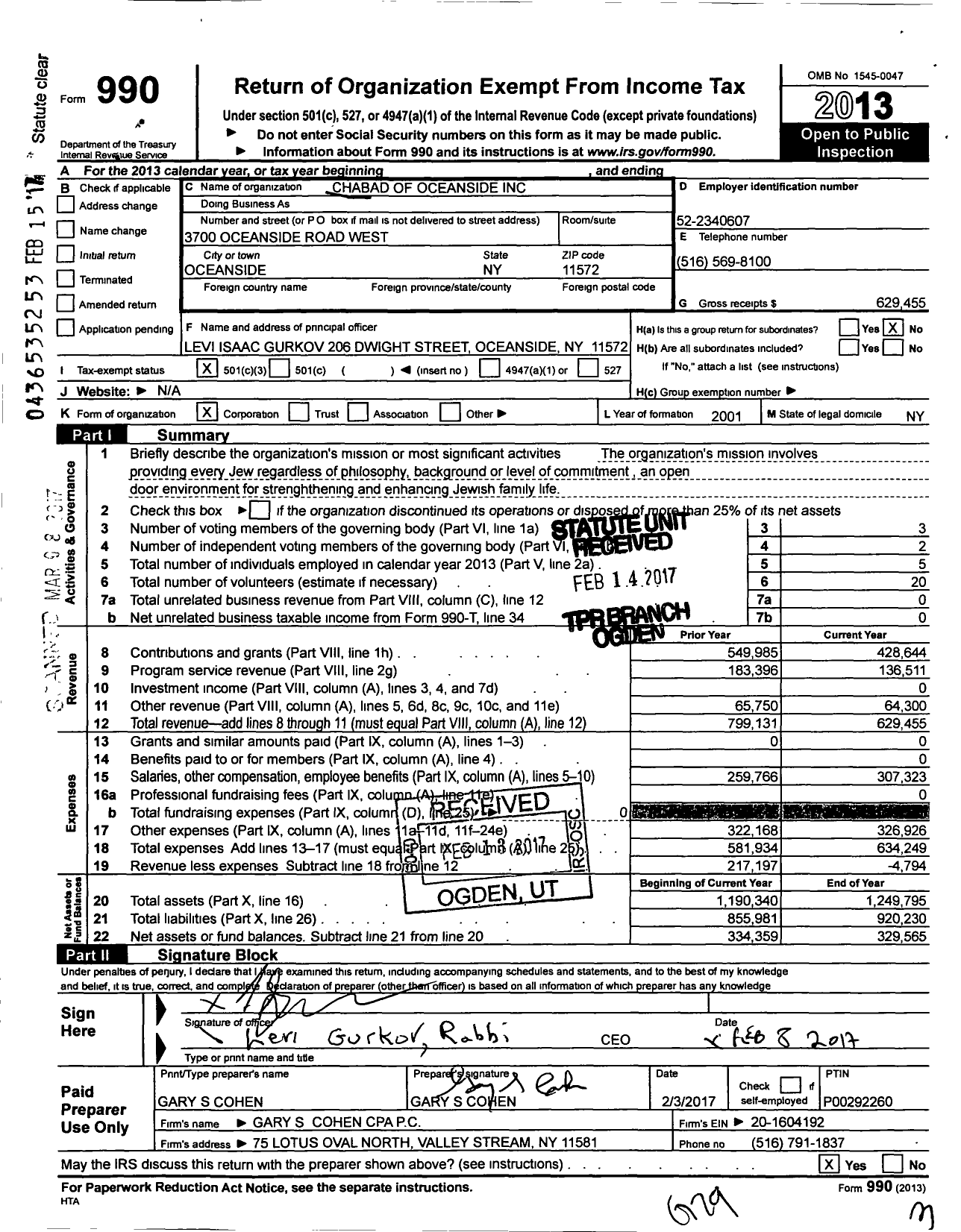 Image of first page of 2013 Form 990 for Chabad of Oceanside