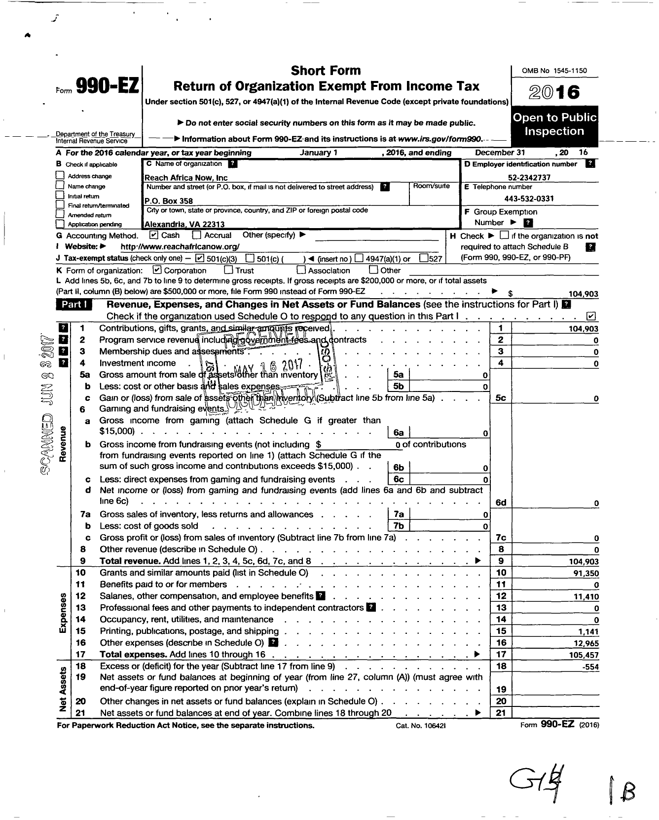 Image of first page of 2016 Form 990EZ for Reach Africa Now