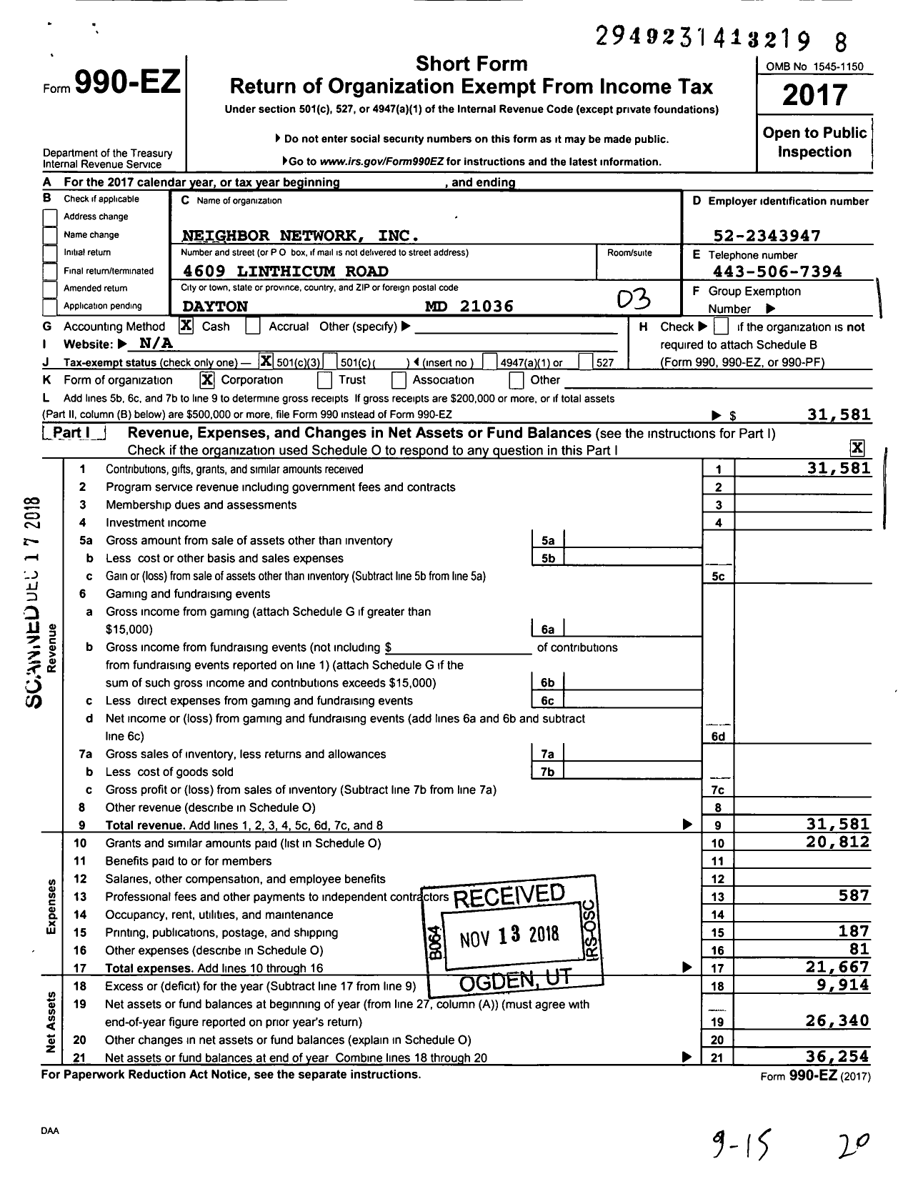 Image of first page of 2017 Form 990EZ for Neighbor Network