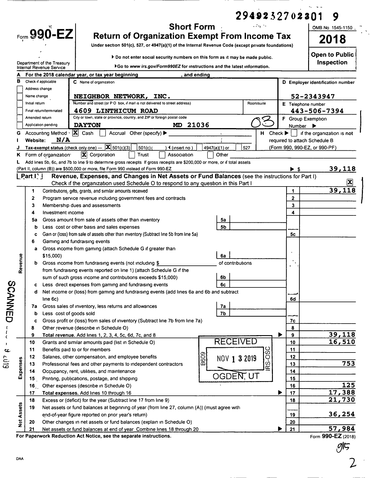 Image of first page of 2018 Form 990EZ for Neighbor Network