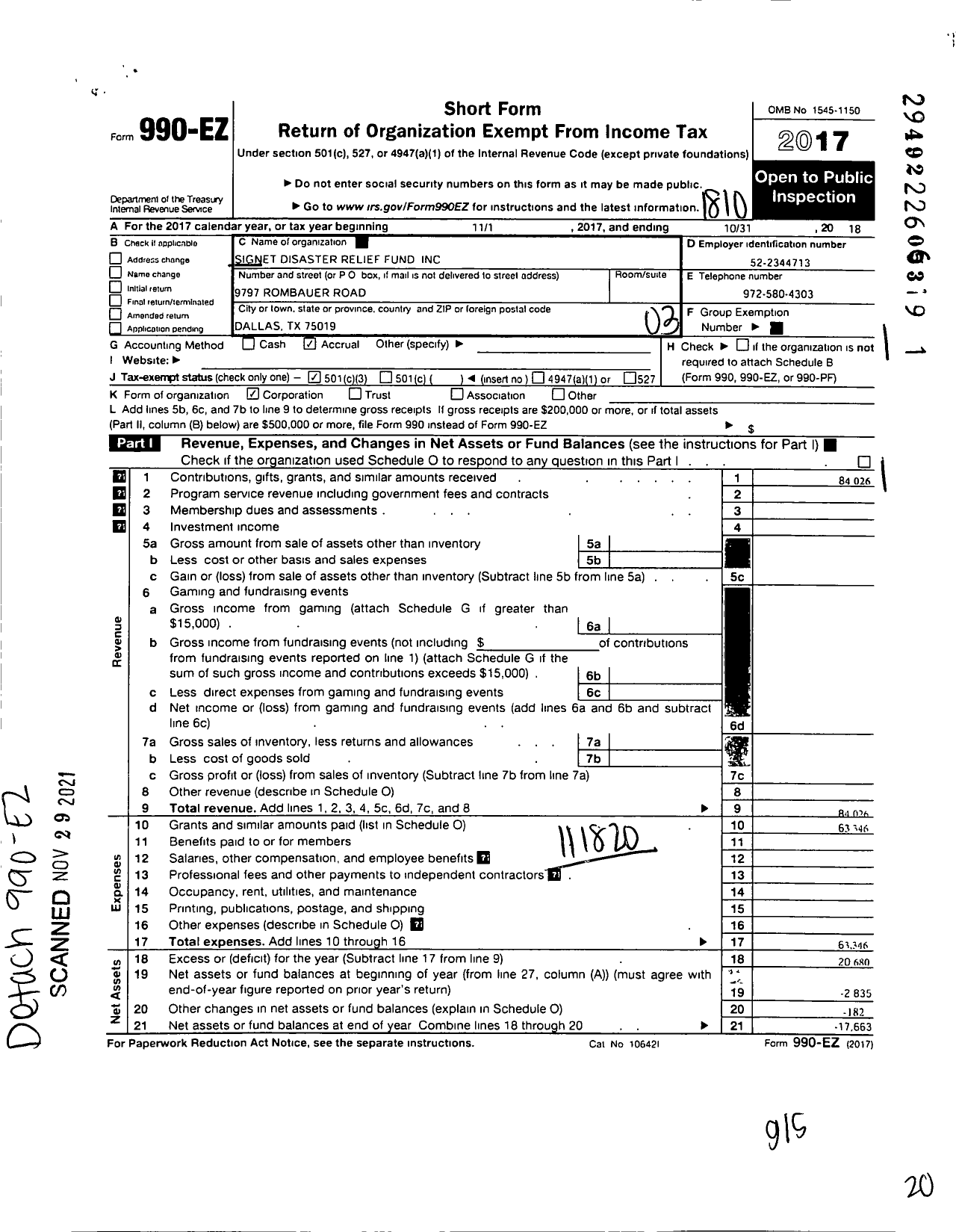 Image of first page of 2017 Form 990EZ for Signet Disaster Relief Fund