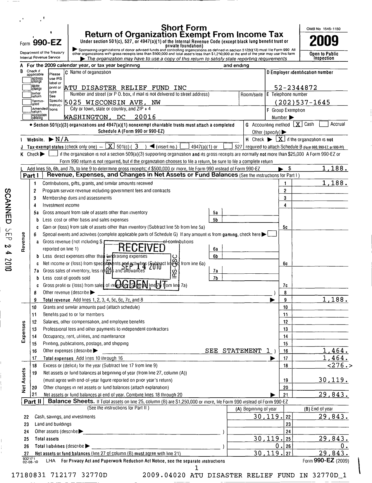 Image of first page of 2009 Form 990EZ for Atu Disaster Relief Fund