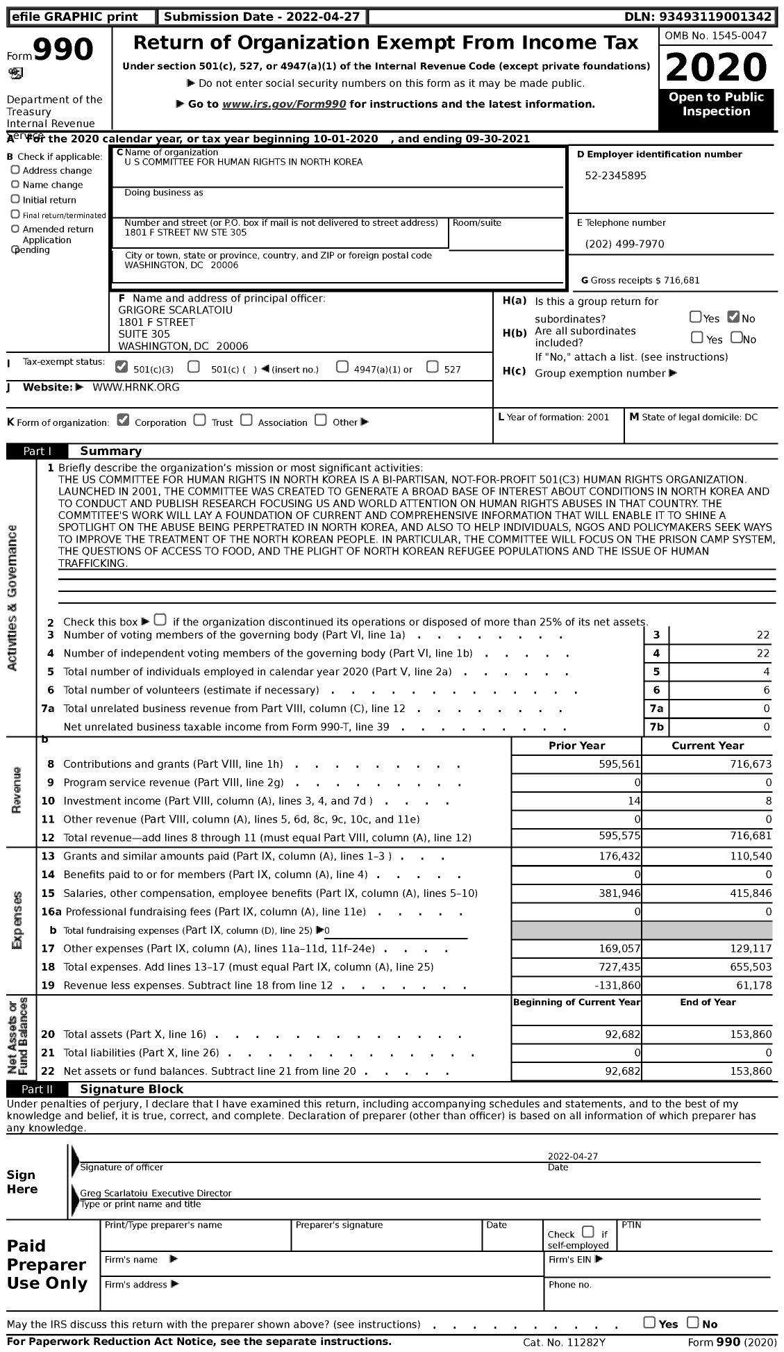 Image of first page of 2020 Form 990 for U S Committee for Human Rights in North Korea