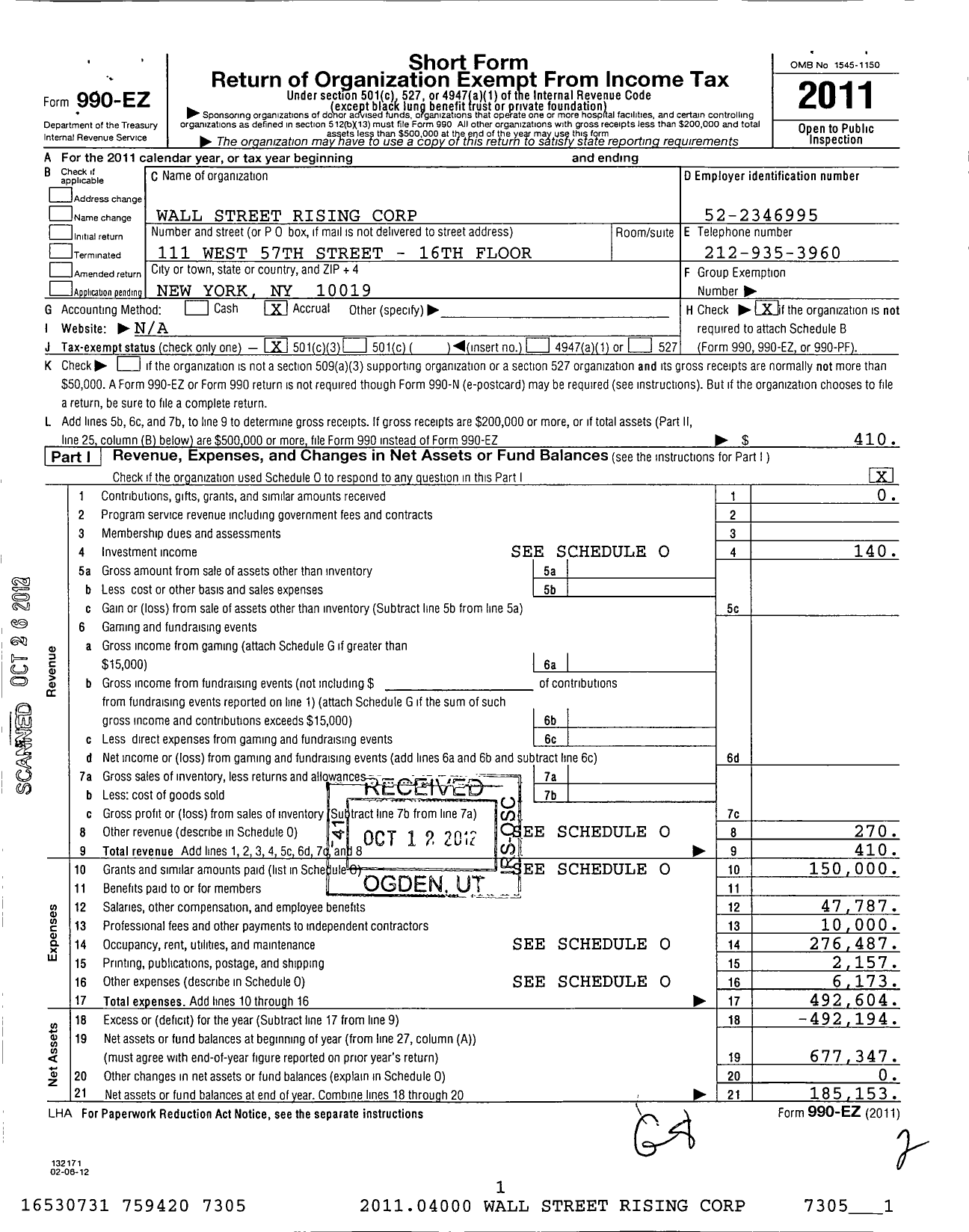 Image of first page of 2011 Form 990EZ for Wall Street Rising Corporation