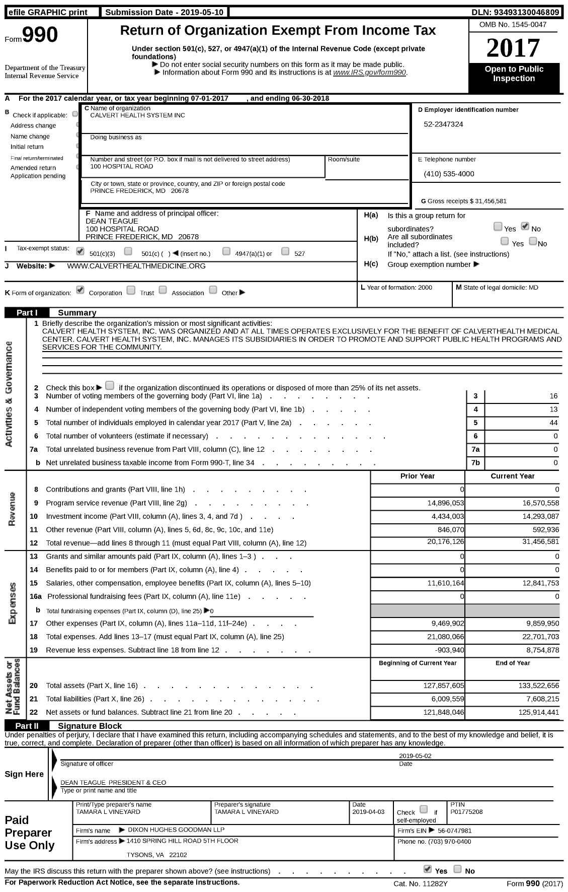 Image of first page of 2017 Form 990 for Calvert Health System (CHS)