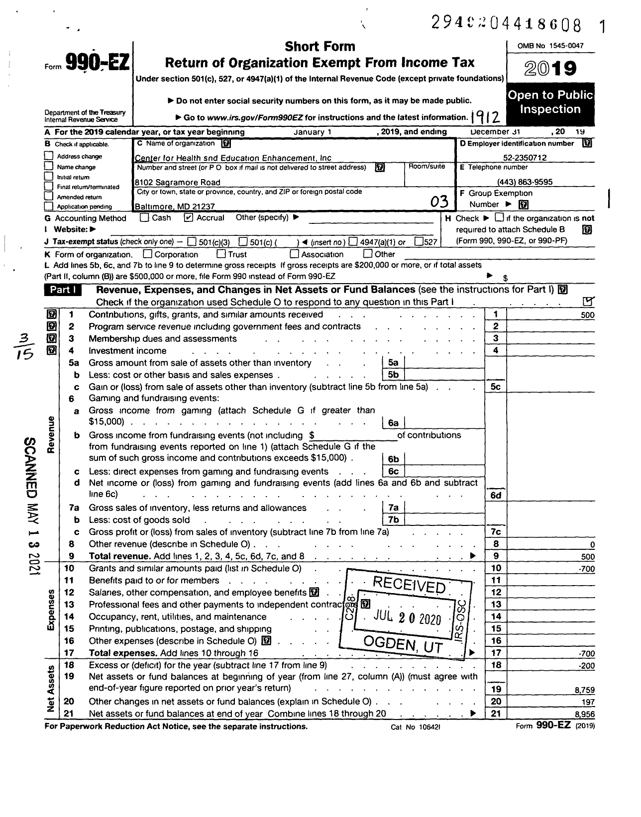 Image of first page of 2019 Form 990EZ for Center for Health and Education Enhancement