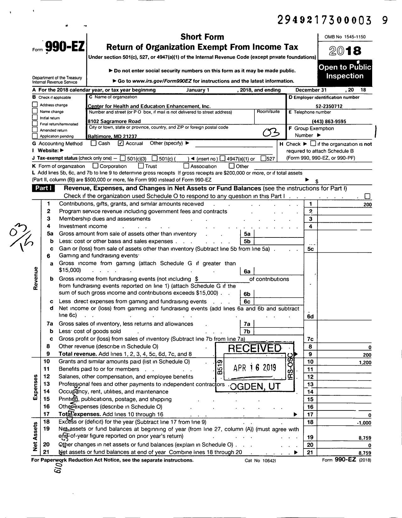 Image of first page of 2018 Form 990EZ for Center for Health and Education Enhancement