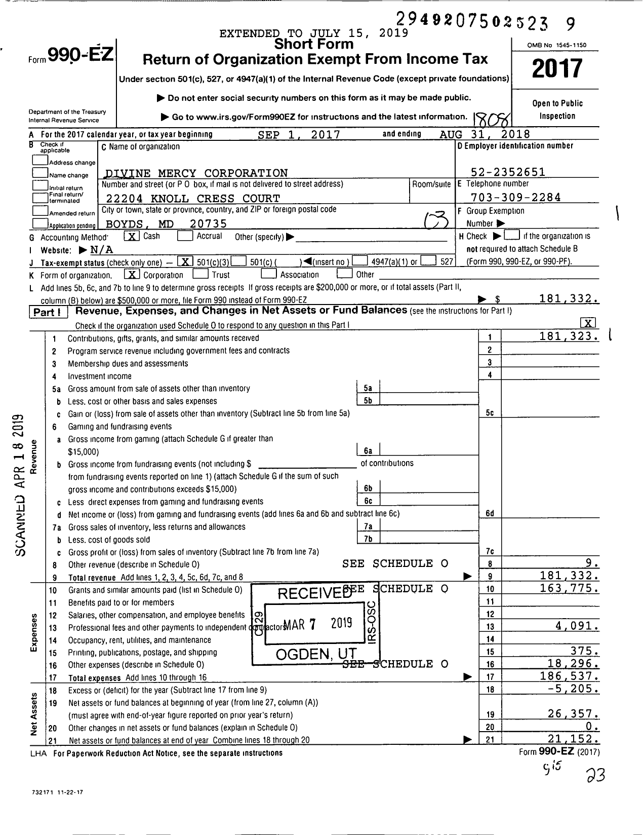 Image of first page of 2017 Form 990EZ for Divine Mercy Corporation