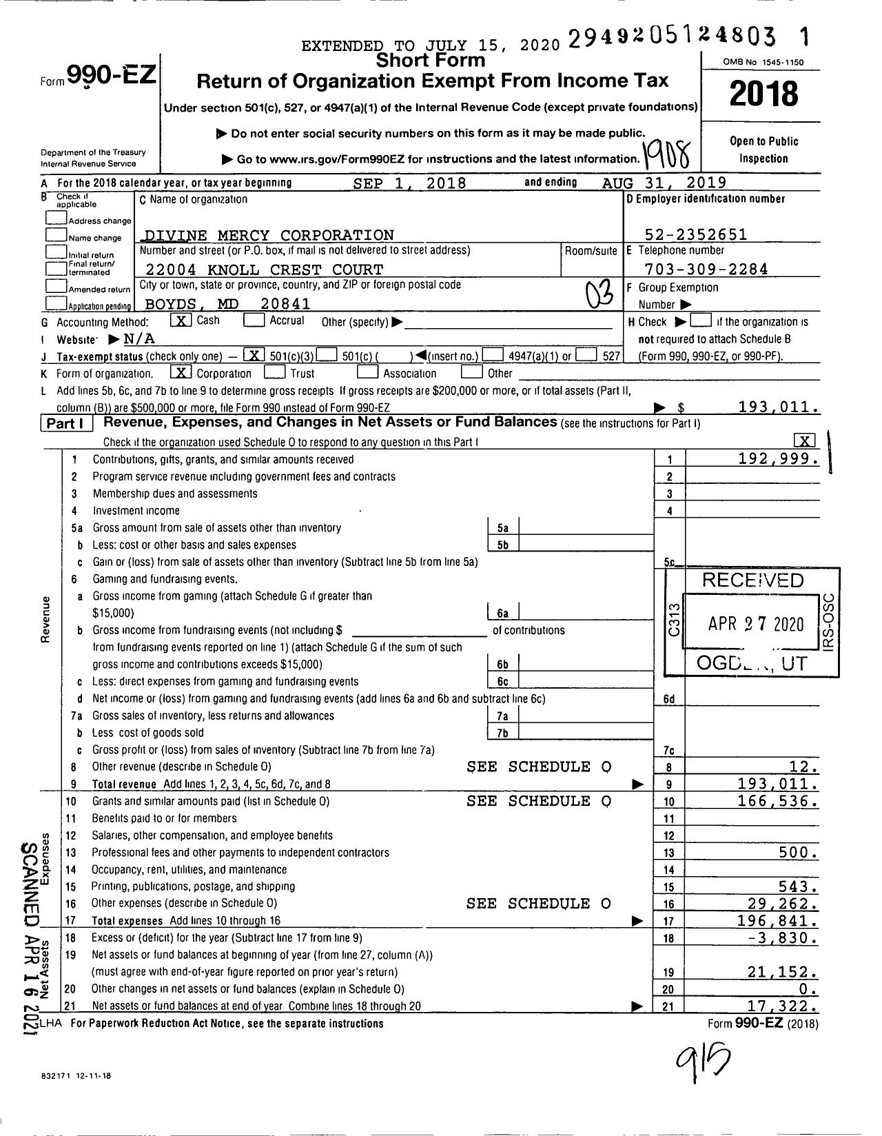 Image of first page of 2018 Form 990EZ for Divine Mercy Corporation