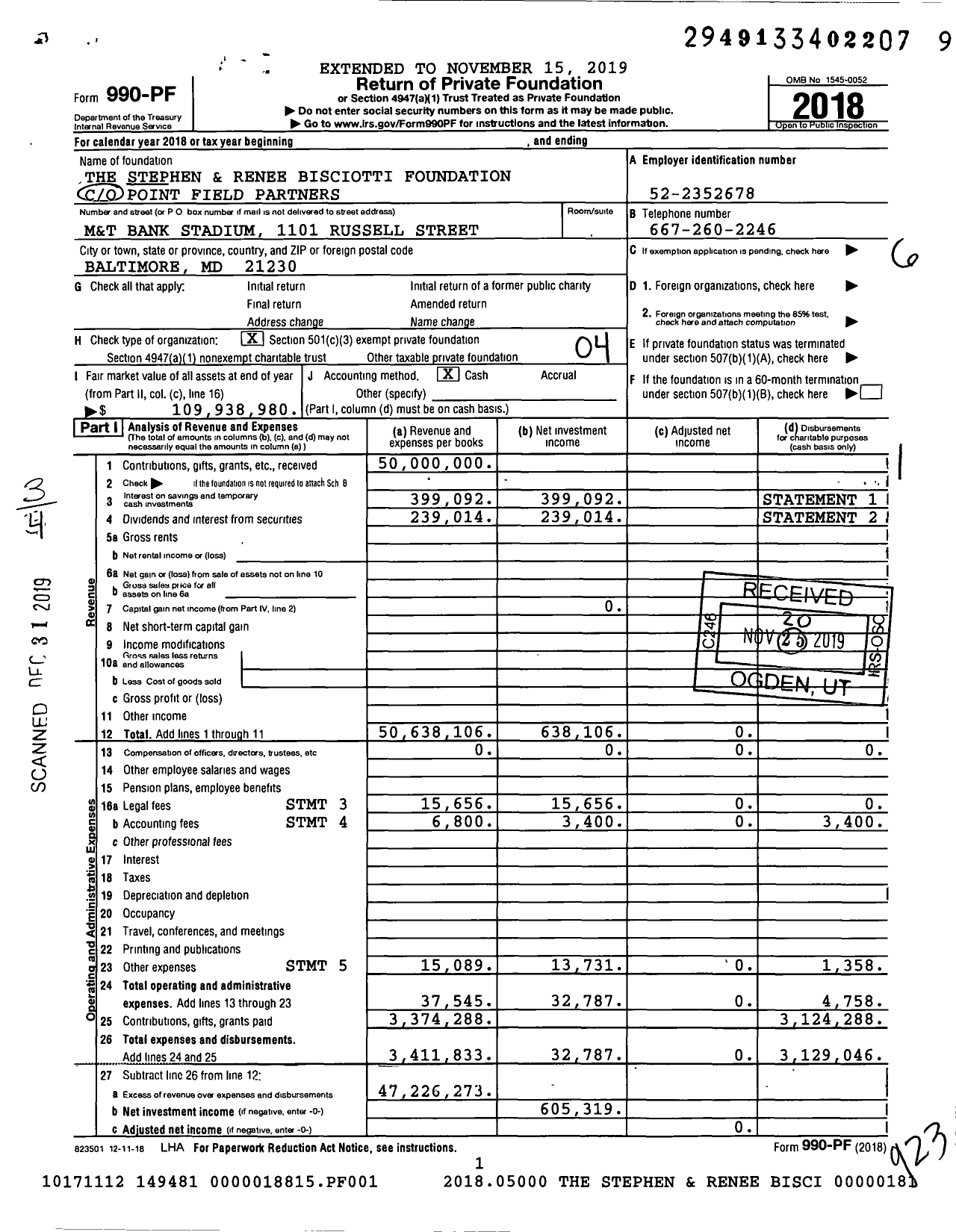 Image of first page of 2018 Form 990PF for The Stephen and Renee Bisciotti Foundation