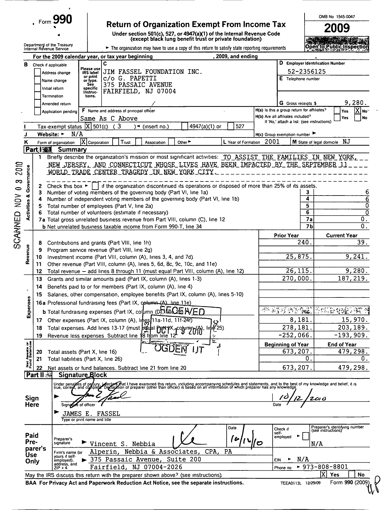 Image of first page of 2009 Form 990 for Jim Fassel Foundation