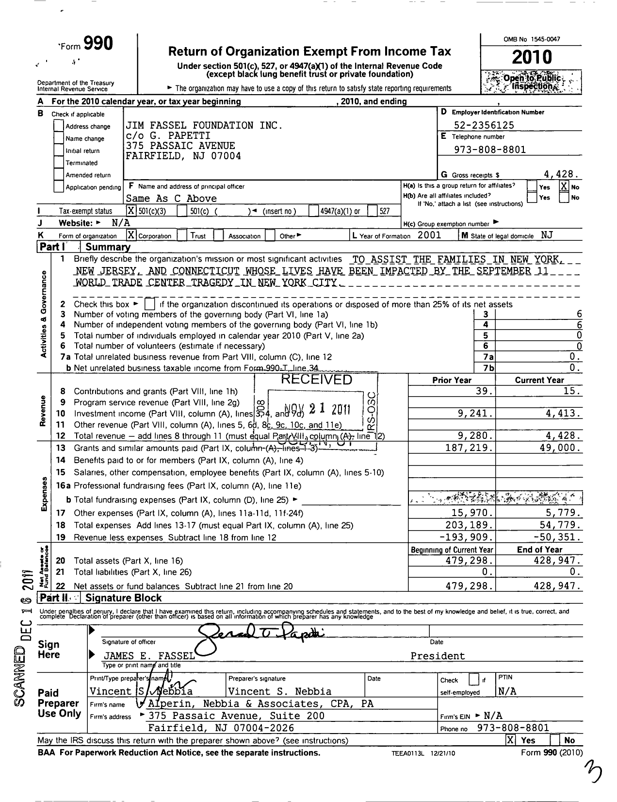 Image of first page of 2010 Form 990 for Jim Fassel Foundation