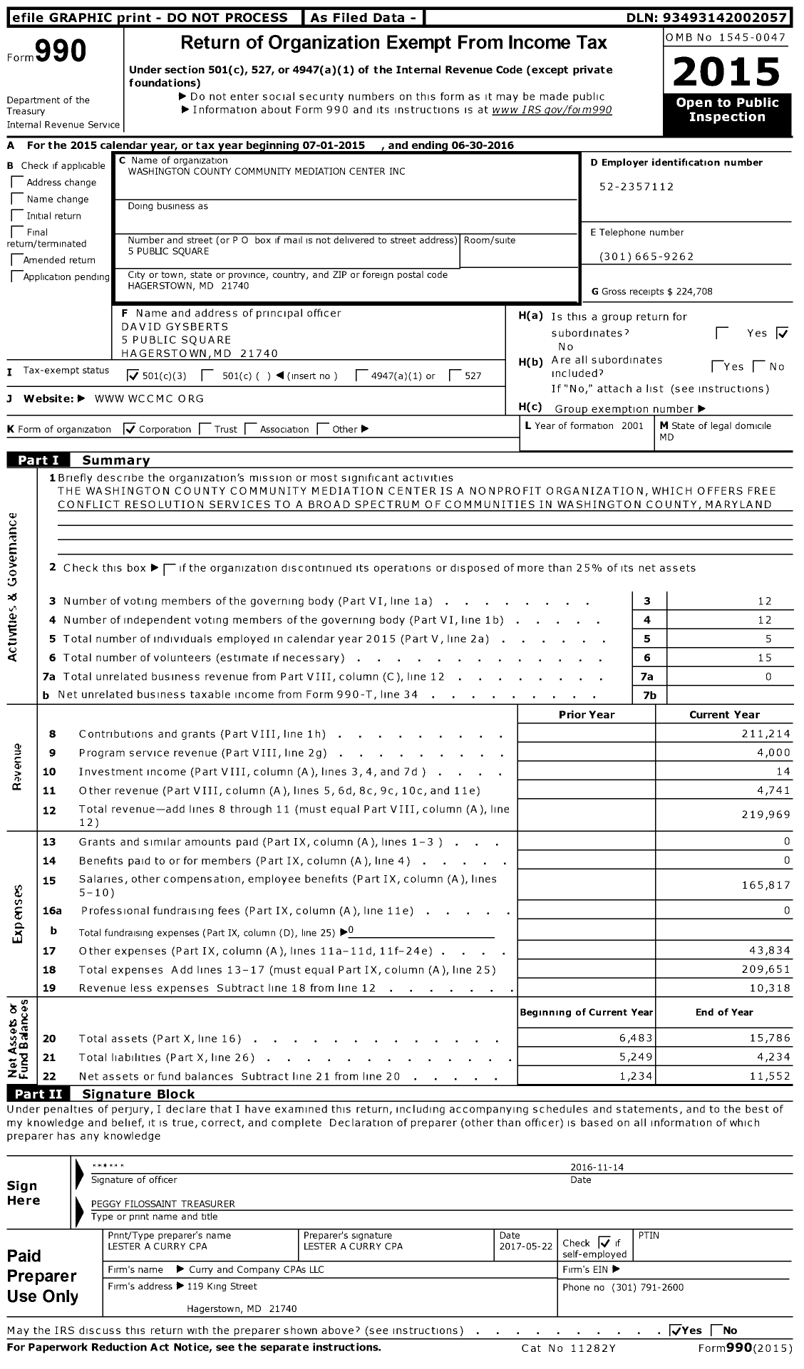 Image of first page of 2015 Form 990 for Washington County Community Mediation Center