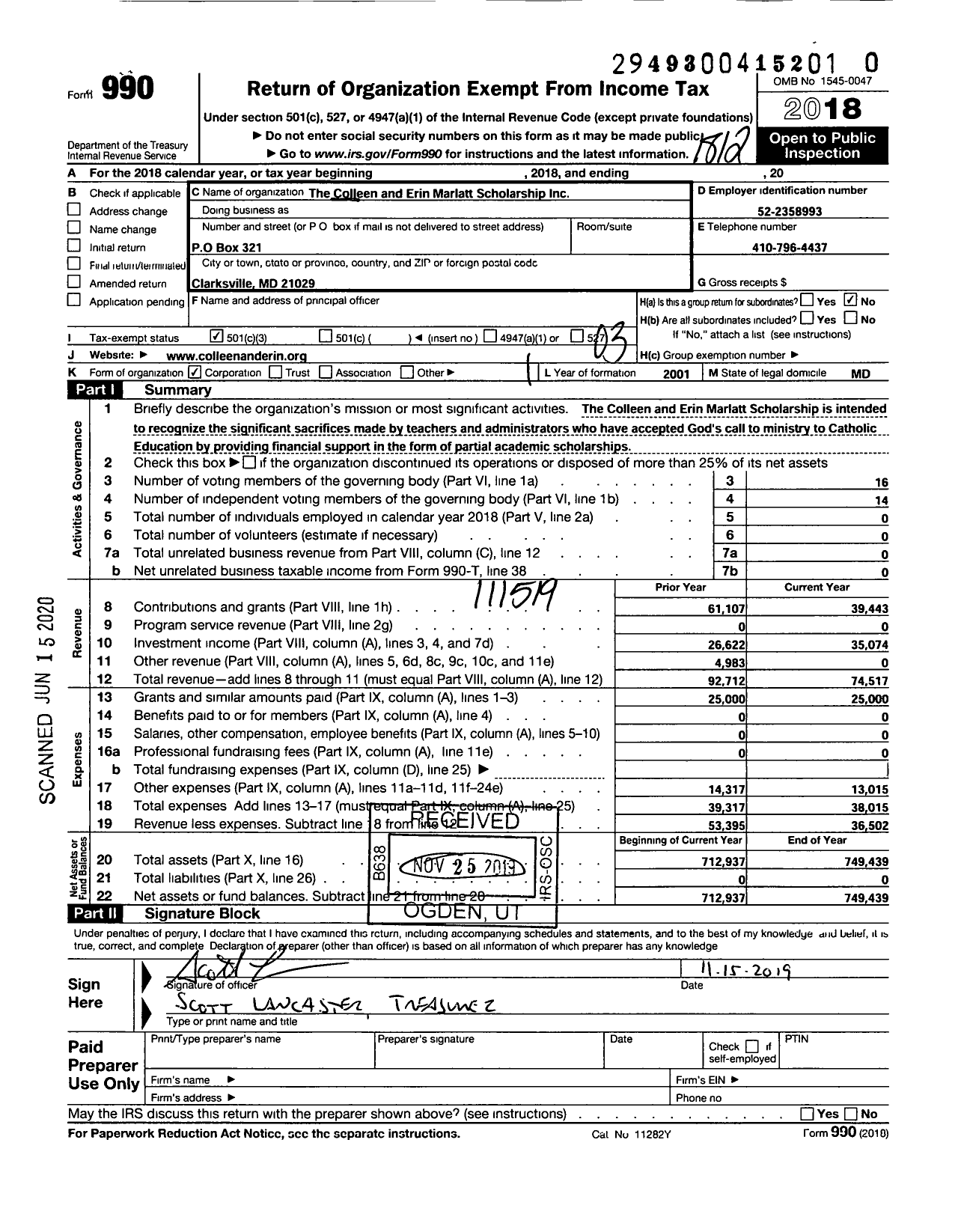 Image of first page of 2018 Form 990 for Colleen and Erin Marlatt Scholarship Fund