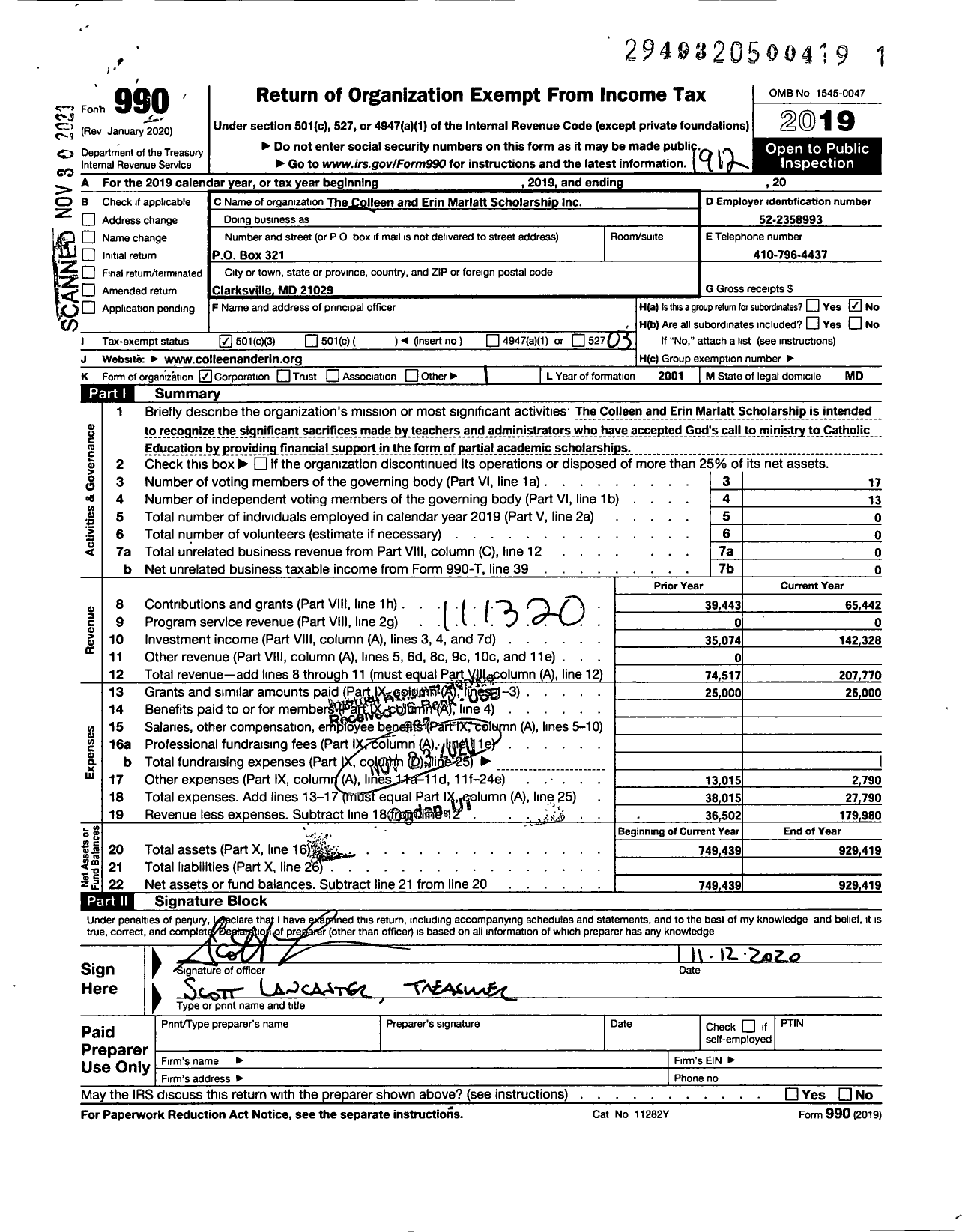 Image of first page of 2019 Form 990 for Colleen and Erin Marlatt Scholarship Fund