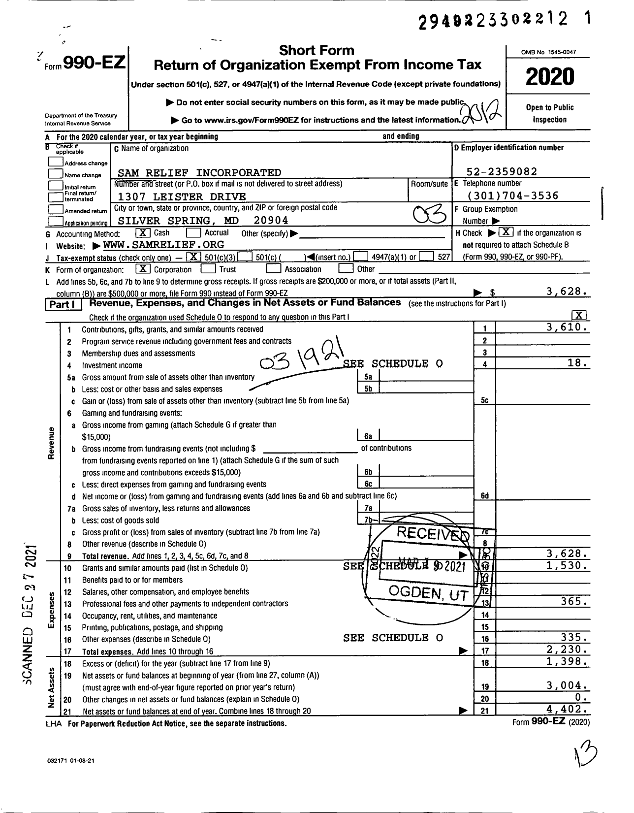 Image of first page of 2020 Form 990EZ for Sam Relief Incorporated