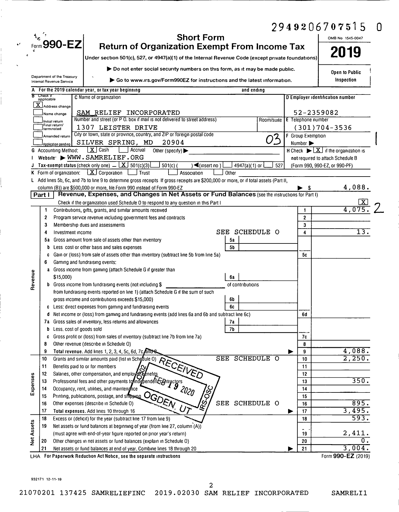 Image of first page of 2019 Form 990EZ for Sam Relief Incorporated