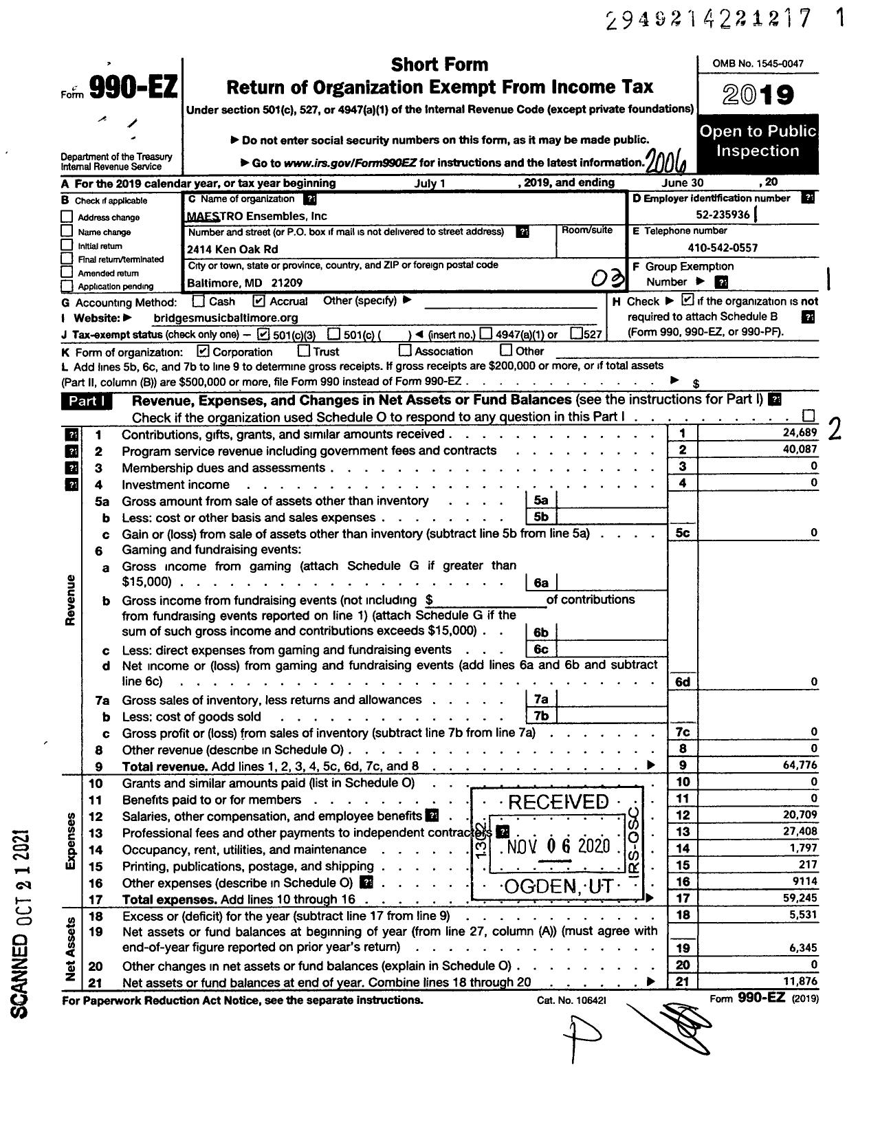 Image of first page of 2019 Form 990EZ for Maestro Ensembles