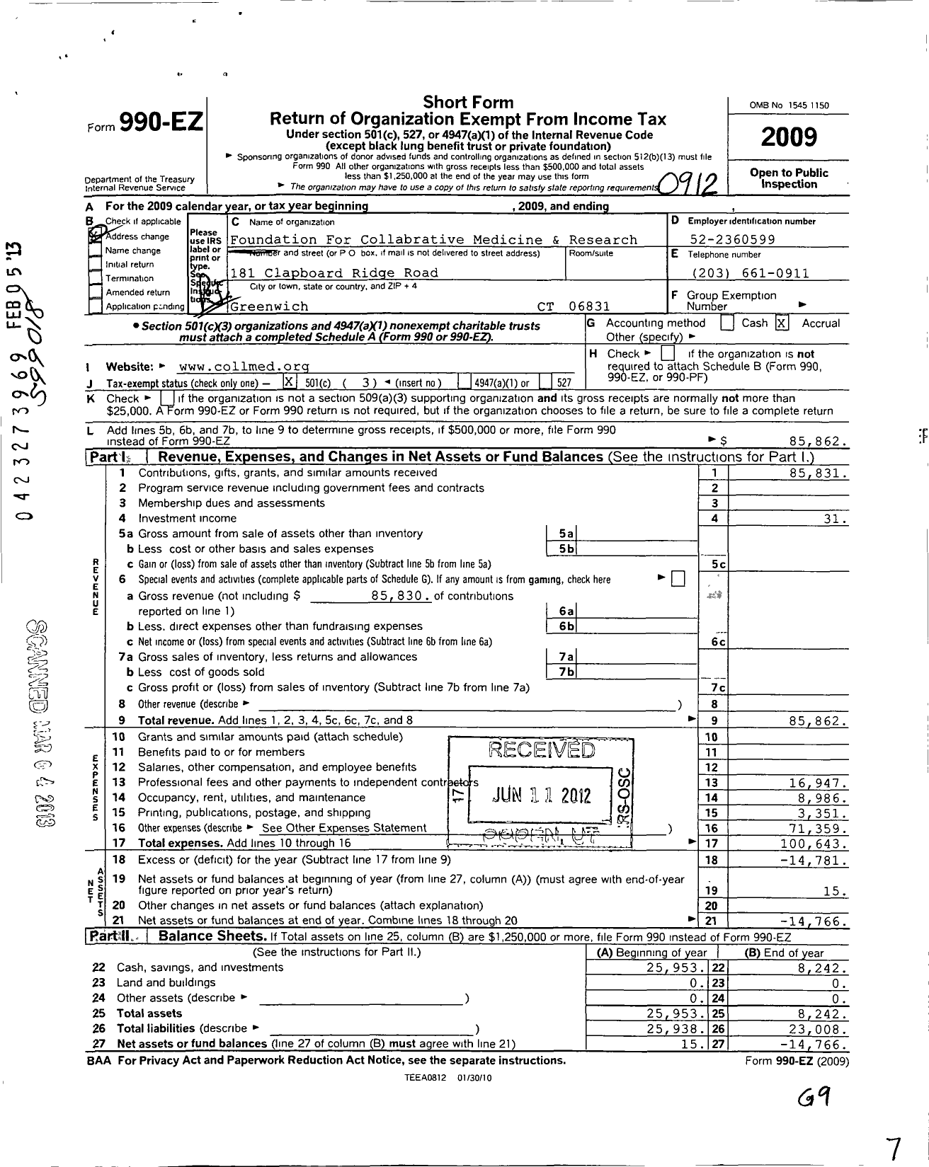 Image of first page of 2009 Form 990EZ for Foundation for Collaborative Medicine and Research