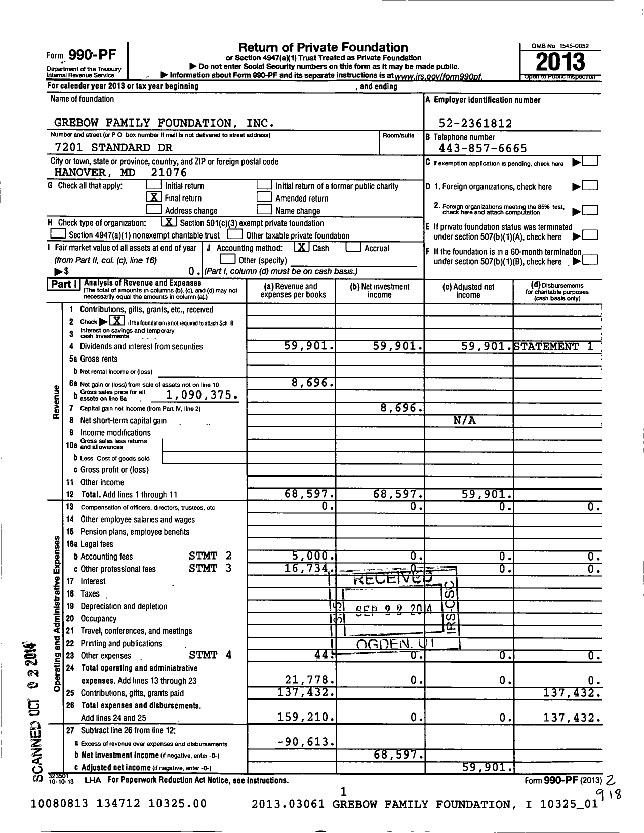 Image of first page of 2013 Form 990PF for Grebow Family Foundation