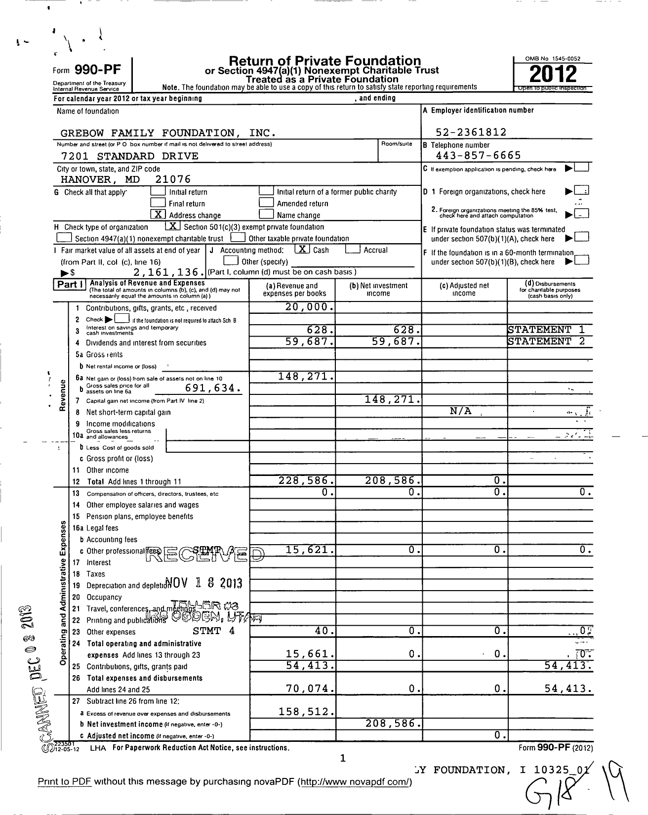 Image of first page of 2012 Form 990PF for Grebow Family Foundation