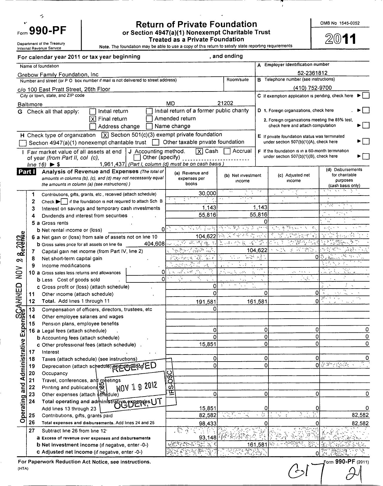 Image of first page of 2011 Form 990PF for Grebow Family Foundation