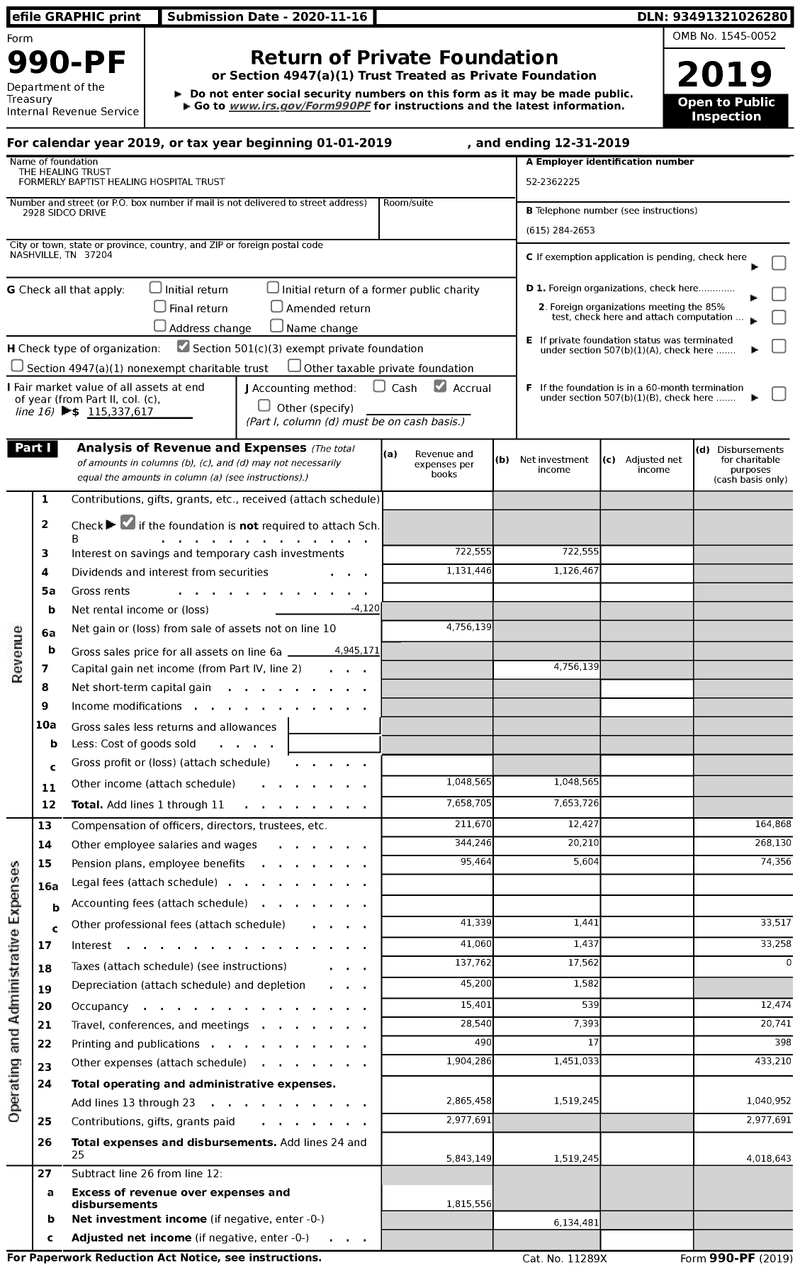 Image of first page of 2019 Form 990PF for The Healing Trust