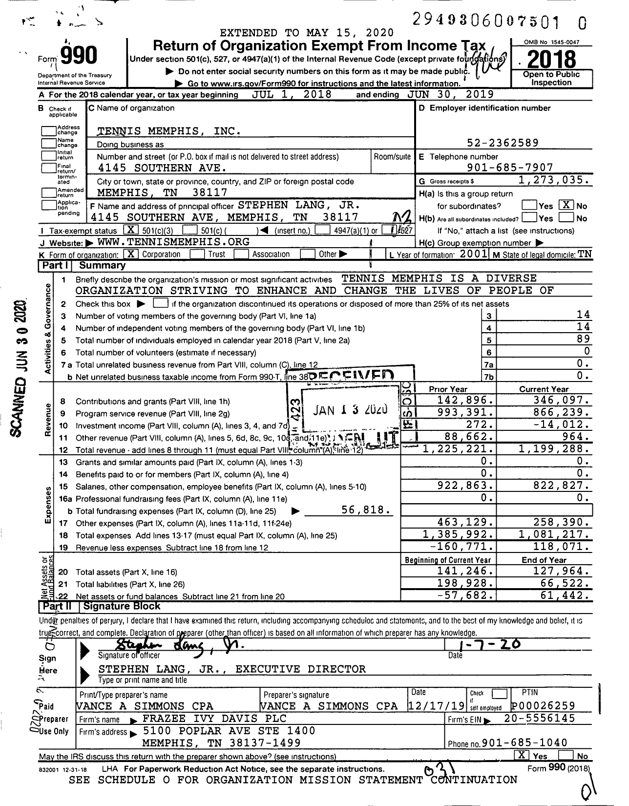 Image of first page of 2018 Form 990 for Tennis Memphis