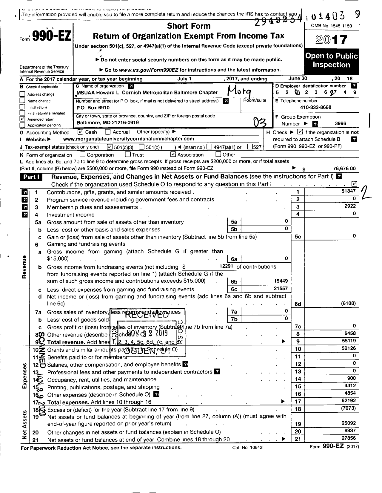 Image of first page of 2017 Form 990EZ for Howard L Cornish Baltimore Chapter - Msuaa