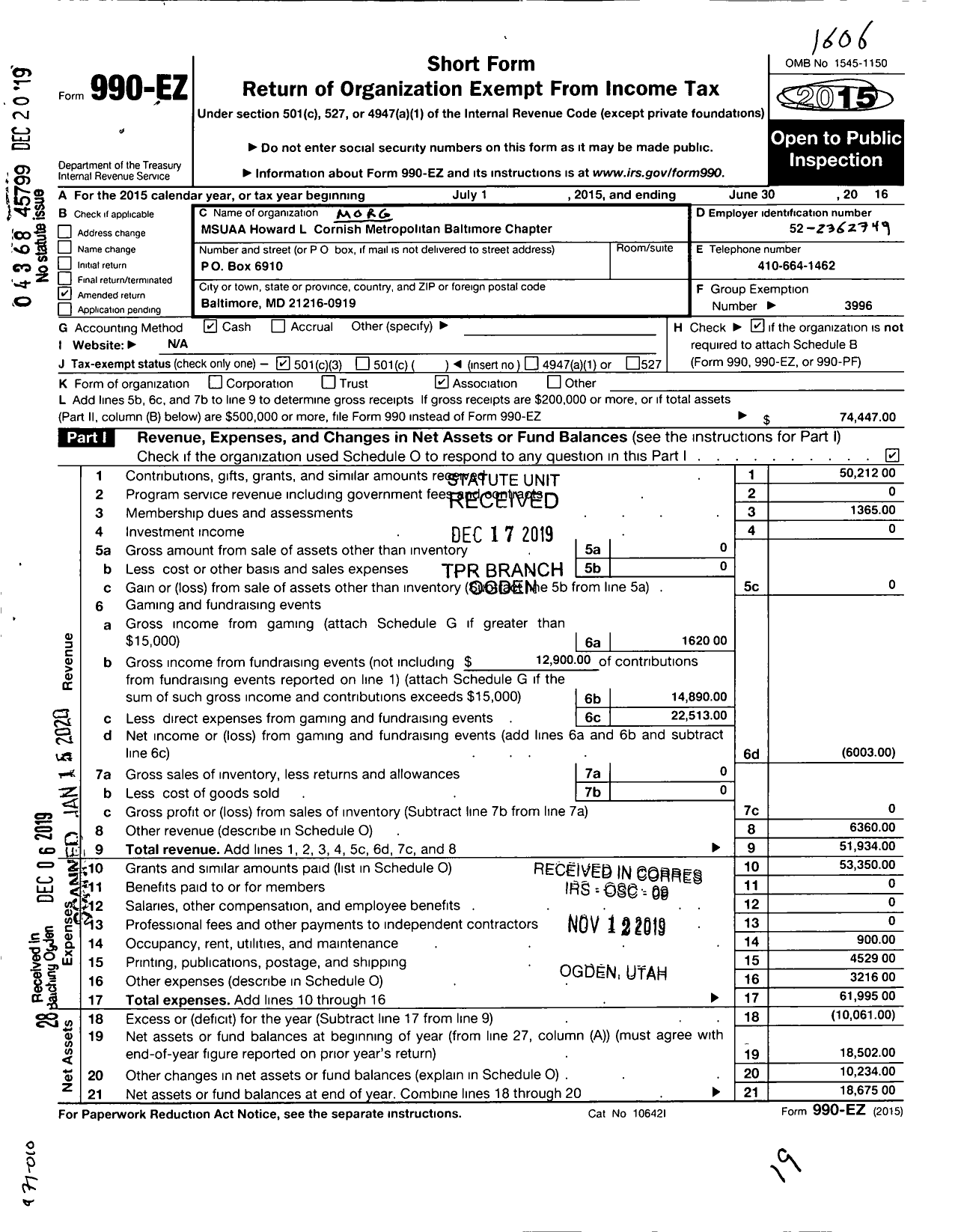 Image of first page of 2015 Form 990EA for Howard L Cornish Baltimore Chapter - Msuaa