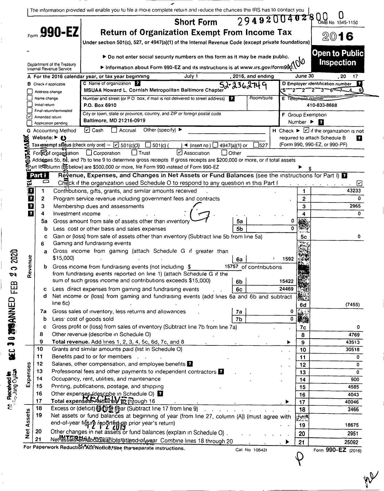 Image of first page of 2016 Form 990EZ for Howard L Cornish Baltimore Chapter - Msuaa