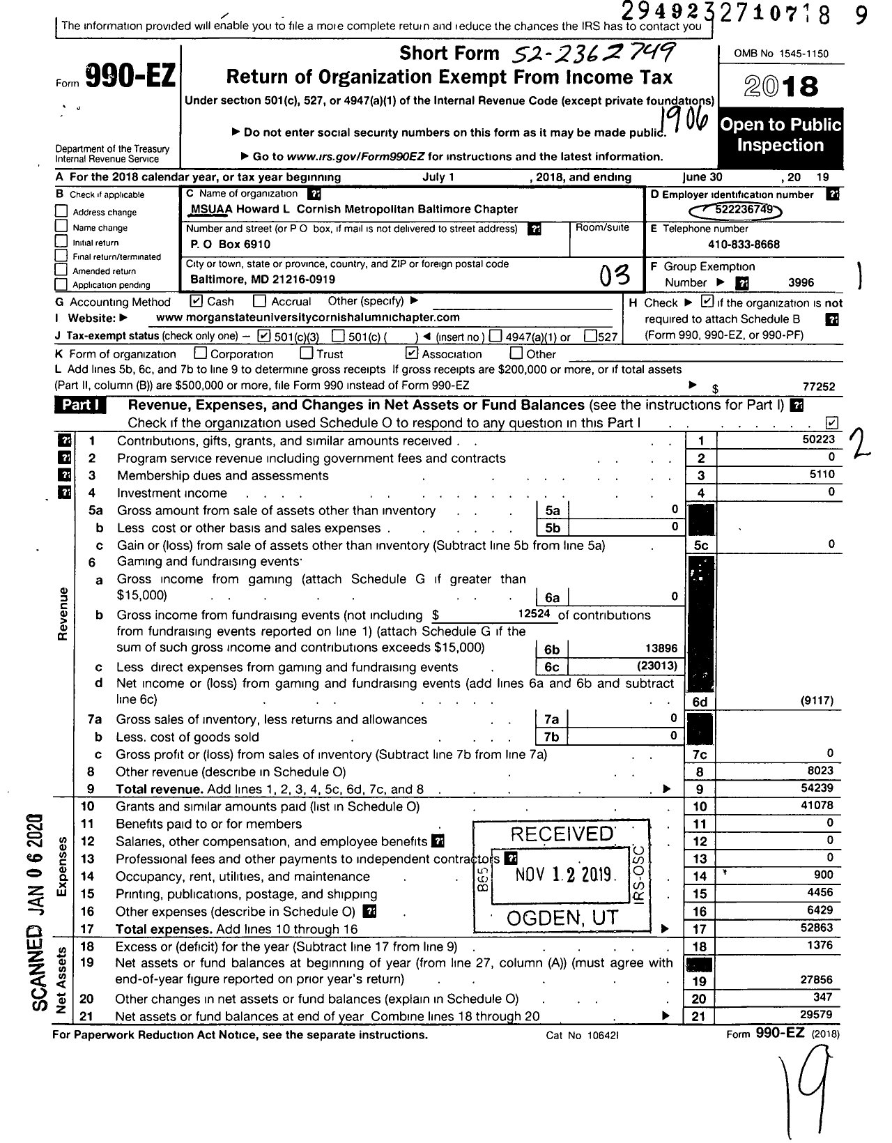 Image of first page of 2018 Form 990EZ for Howard L Cornish Baltimore Chapter - Msuaa