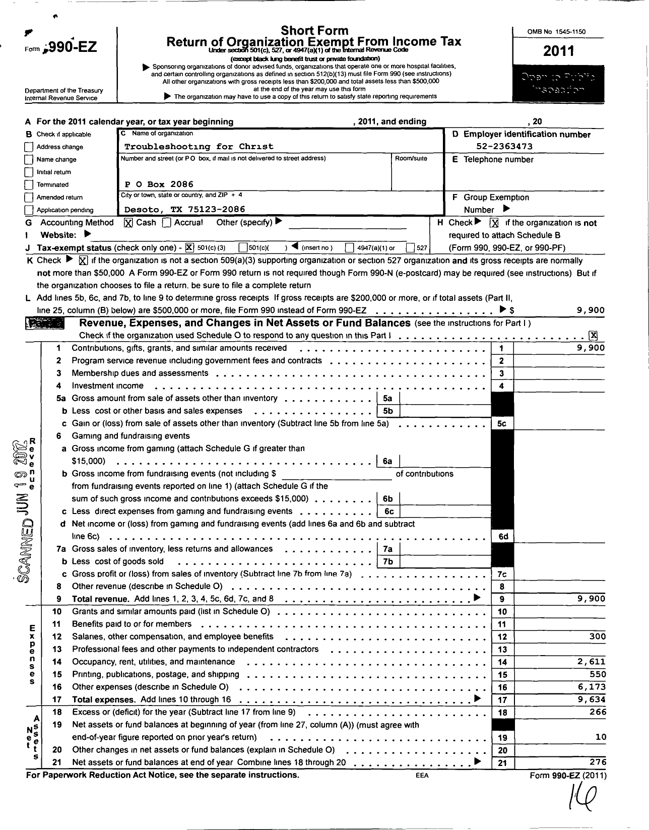 Image of first page of 2011 Form 990EZ for Troubleshooting for Christ