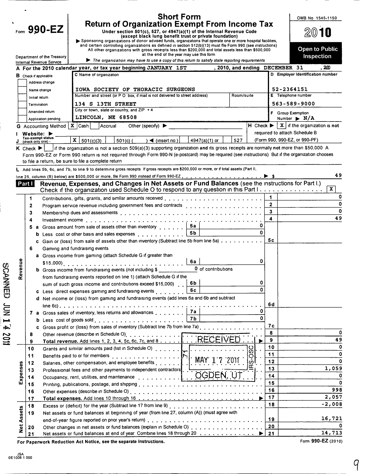 Image of first page of 2010 Form 990EZ for Iowa Society of Thoracic Surgeons