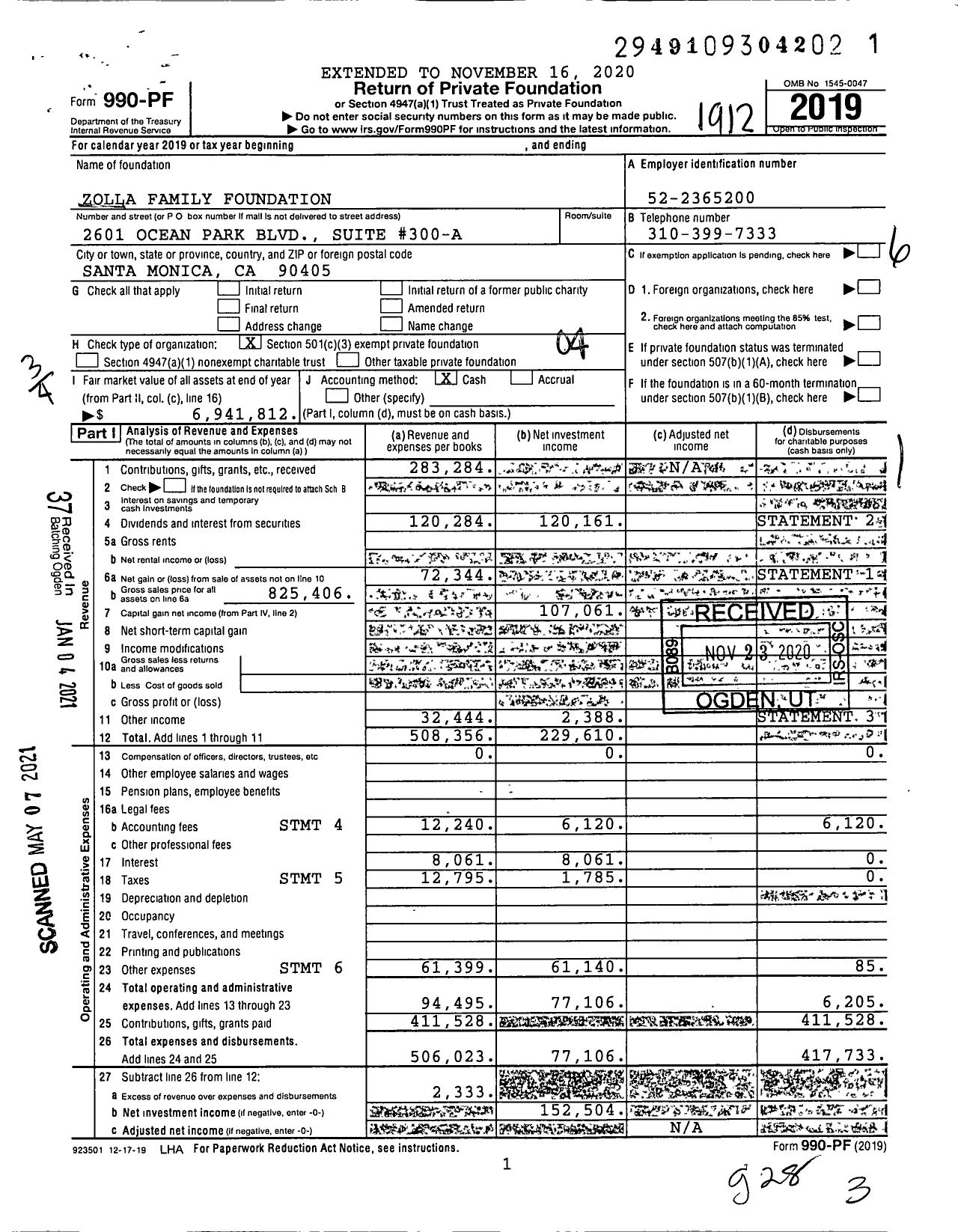 Image of first page of 2019 Form 990PF for Zolla Family Foundation