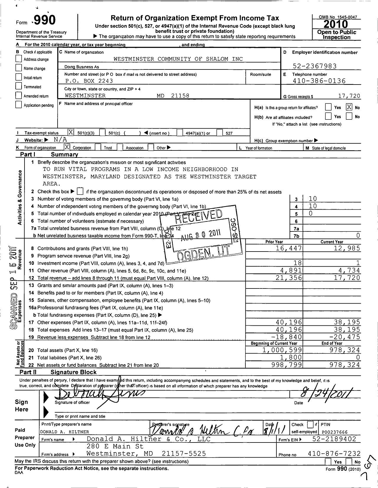 Image of first page of 2010 Form 990 for Westminster News Community of Shalom