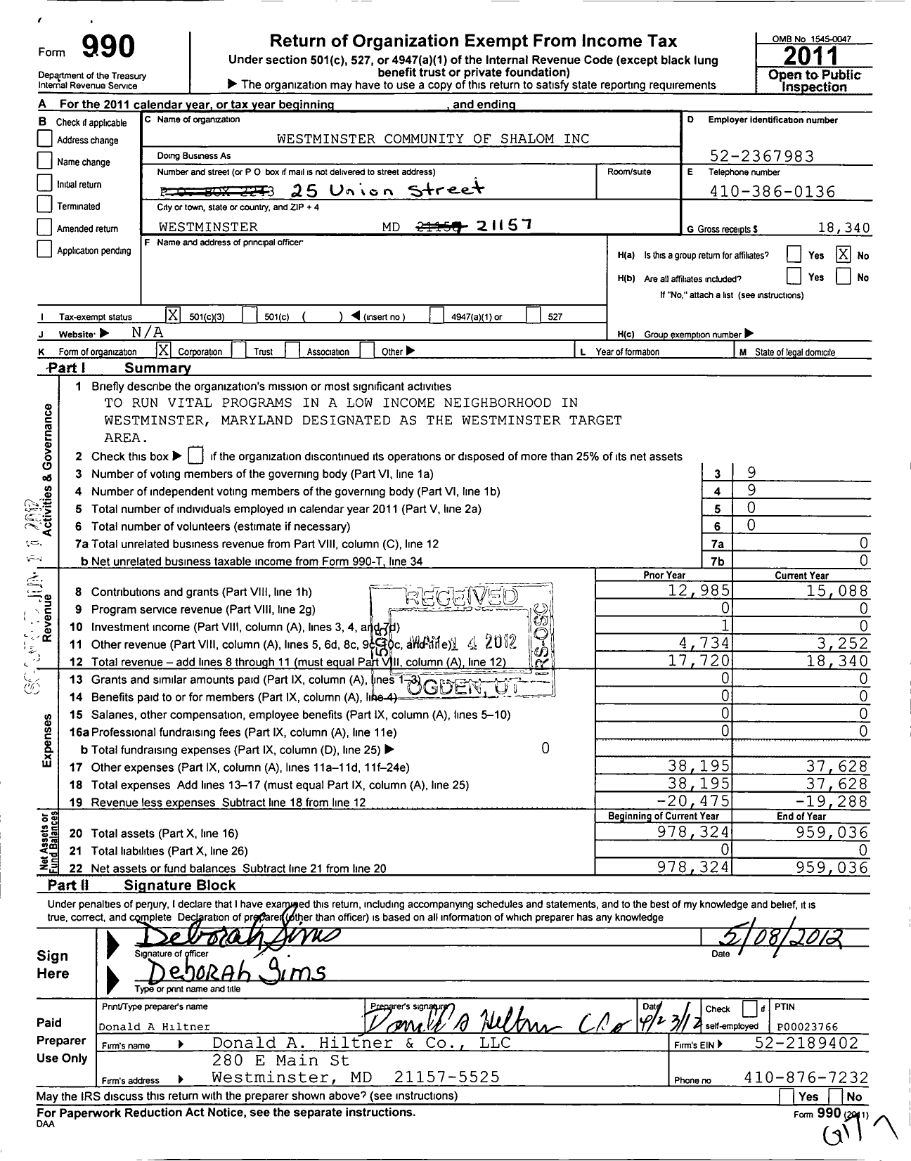 Image of first page of 2011 Form 990 for Westminster News Community of Shalom