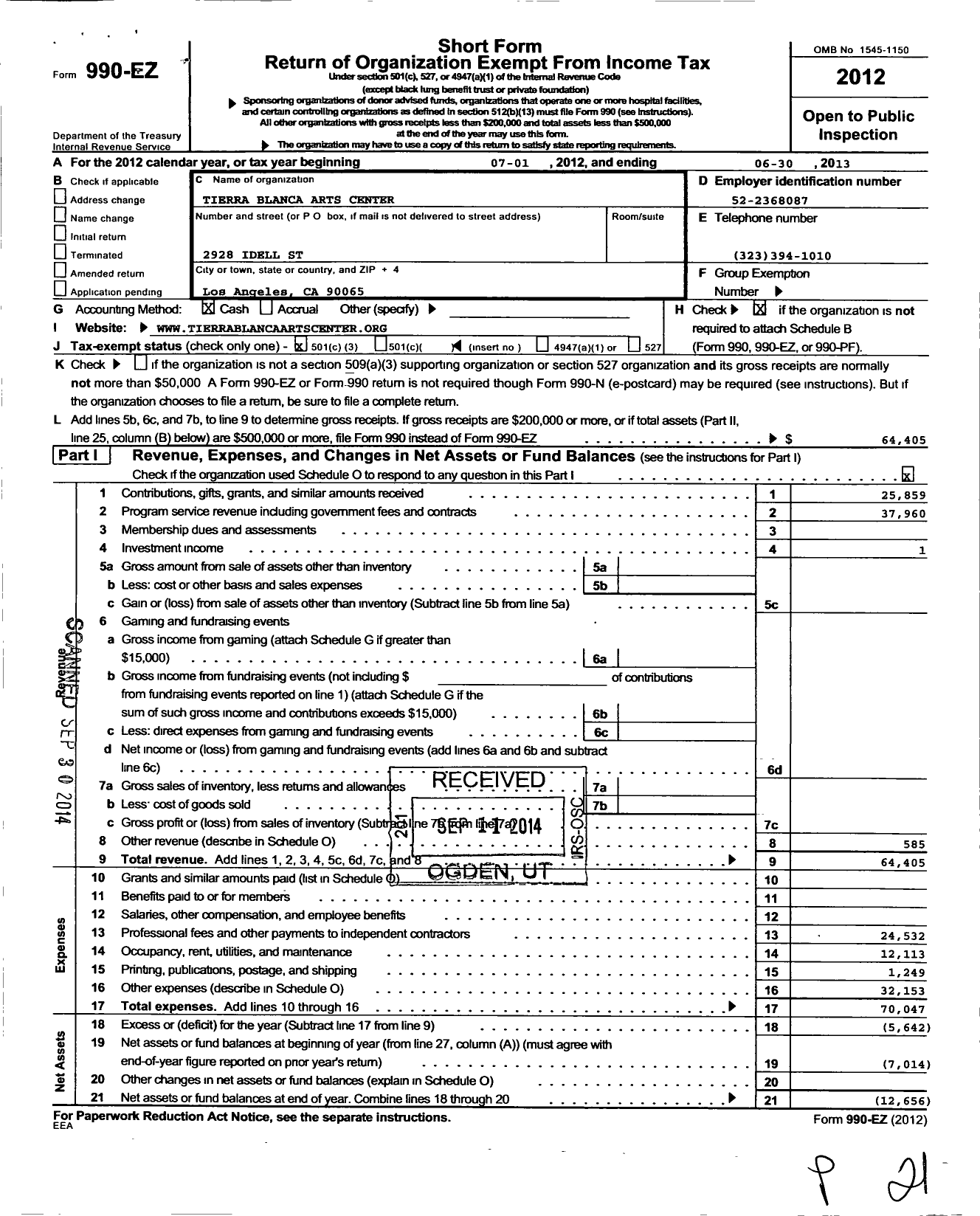 Image of first page of 2012 Form 990EZ for Tierra Blanca Arts Center