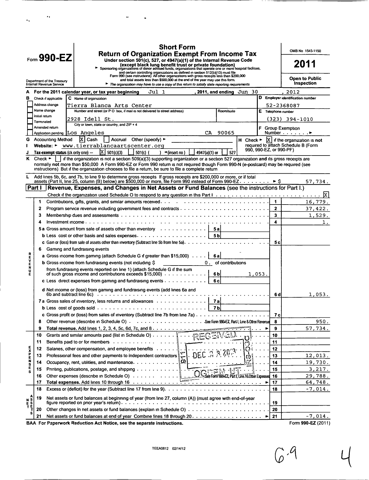 Image of first page of 2011 Form 990EZ for Tierra Blanca Arts Center