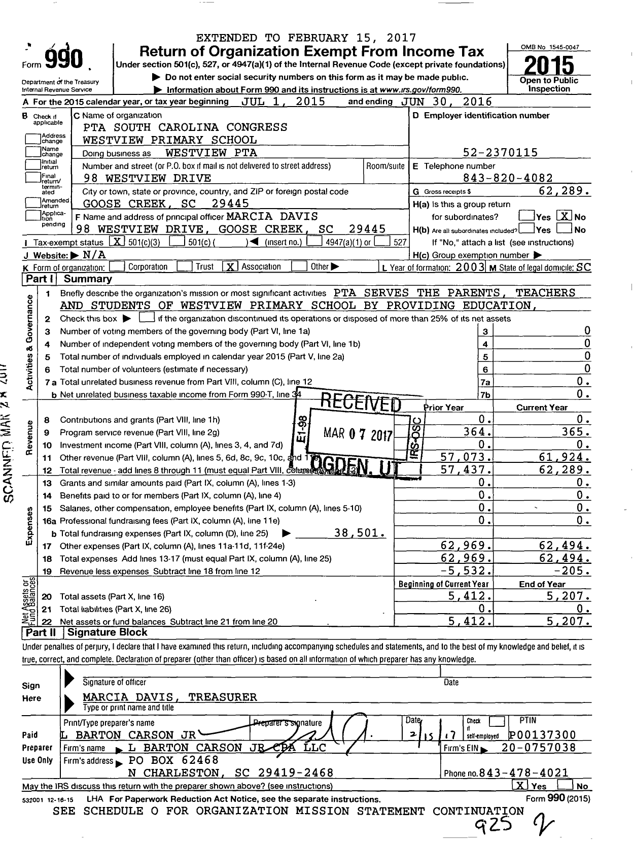 Image of first page of 2015 Form 990 for Westview PTA / PTA South Carolina Congress Westview Primary School