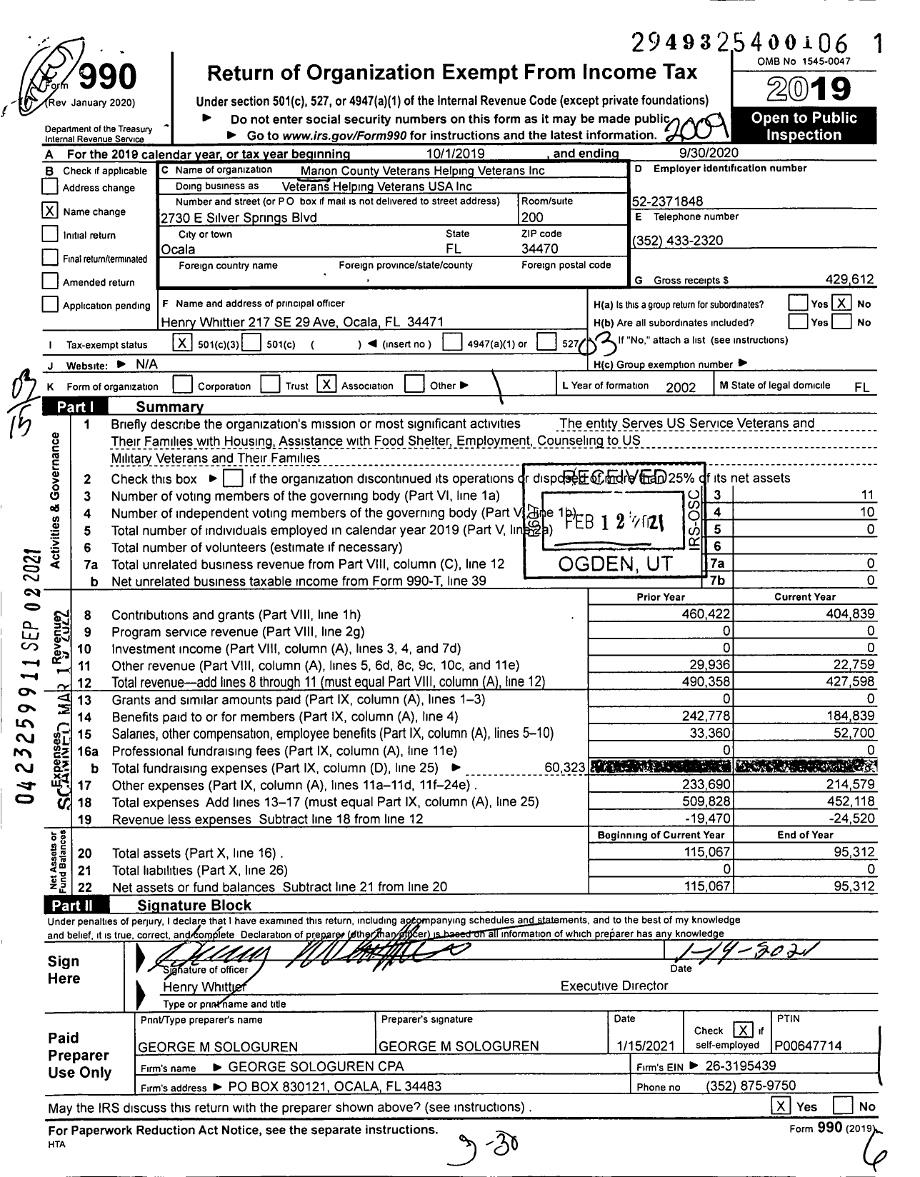 Image of first page of 2019 Form 990 for Veterans Helping Veterans USA