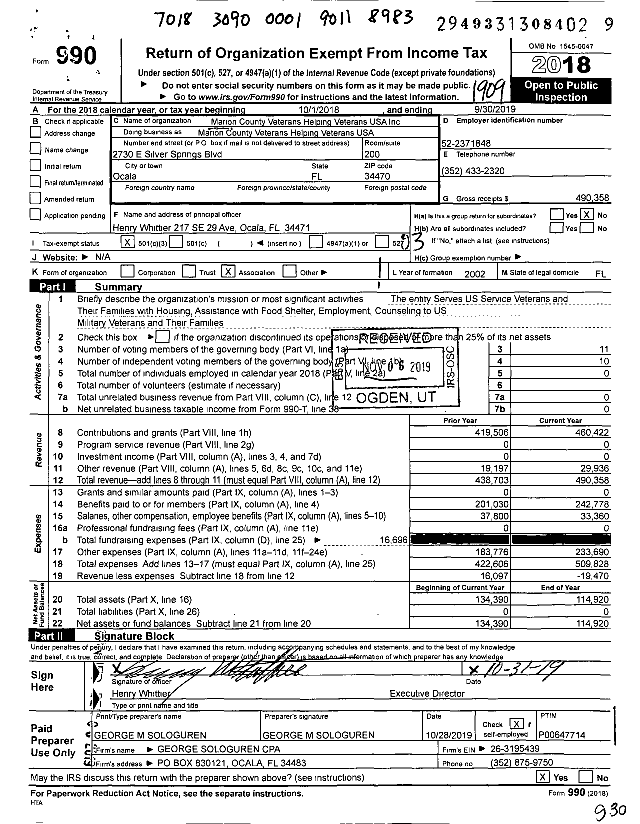 Image of first page of 2018 Form 990 for Vhvusaorg