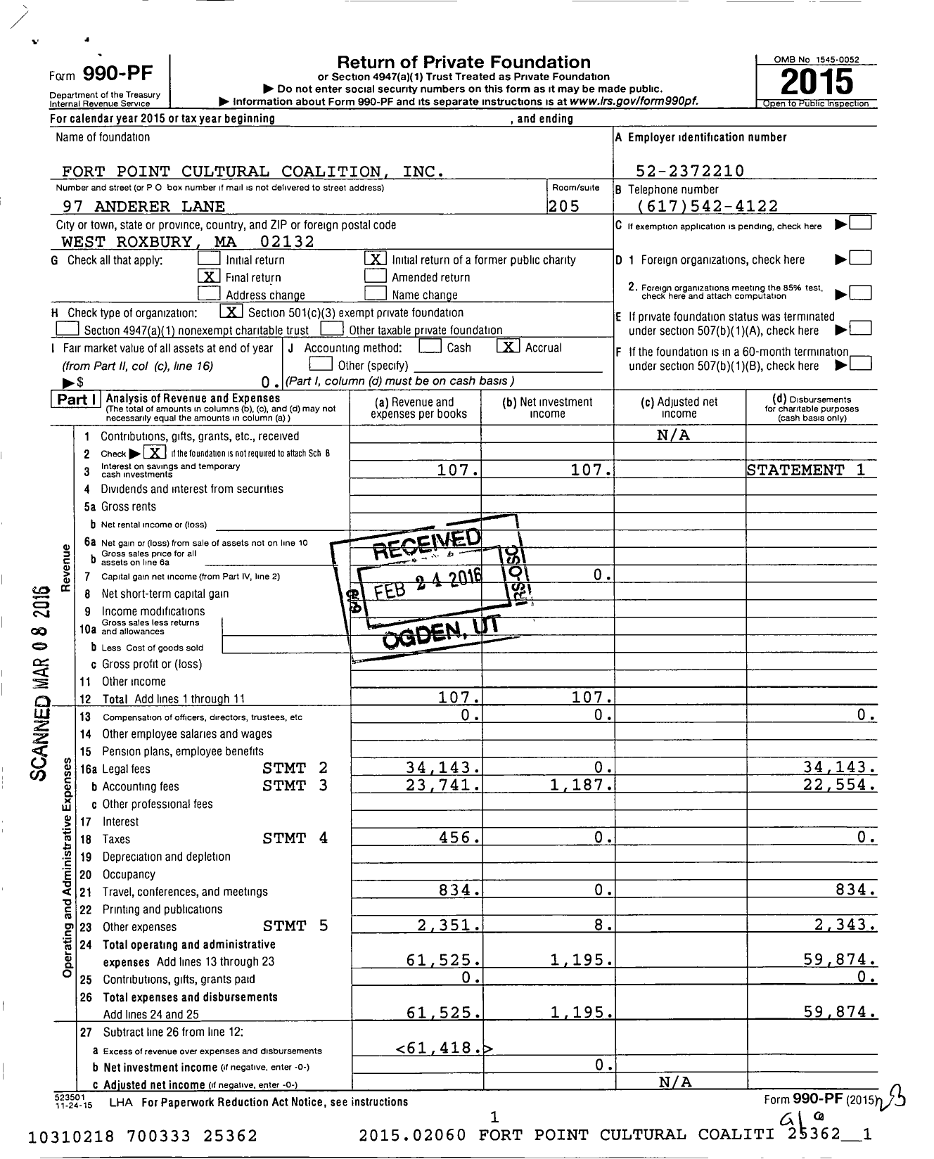 Image of first page of 2015 Form 990PF for Fort Point Cultural Coalition