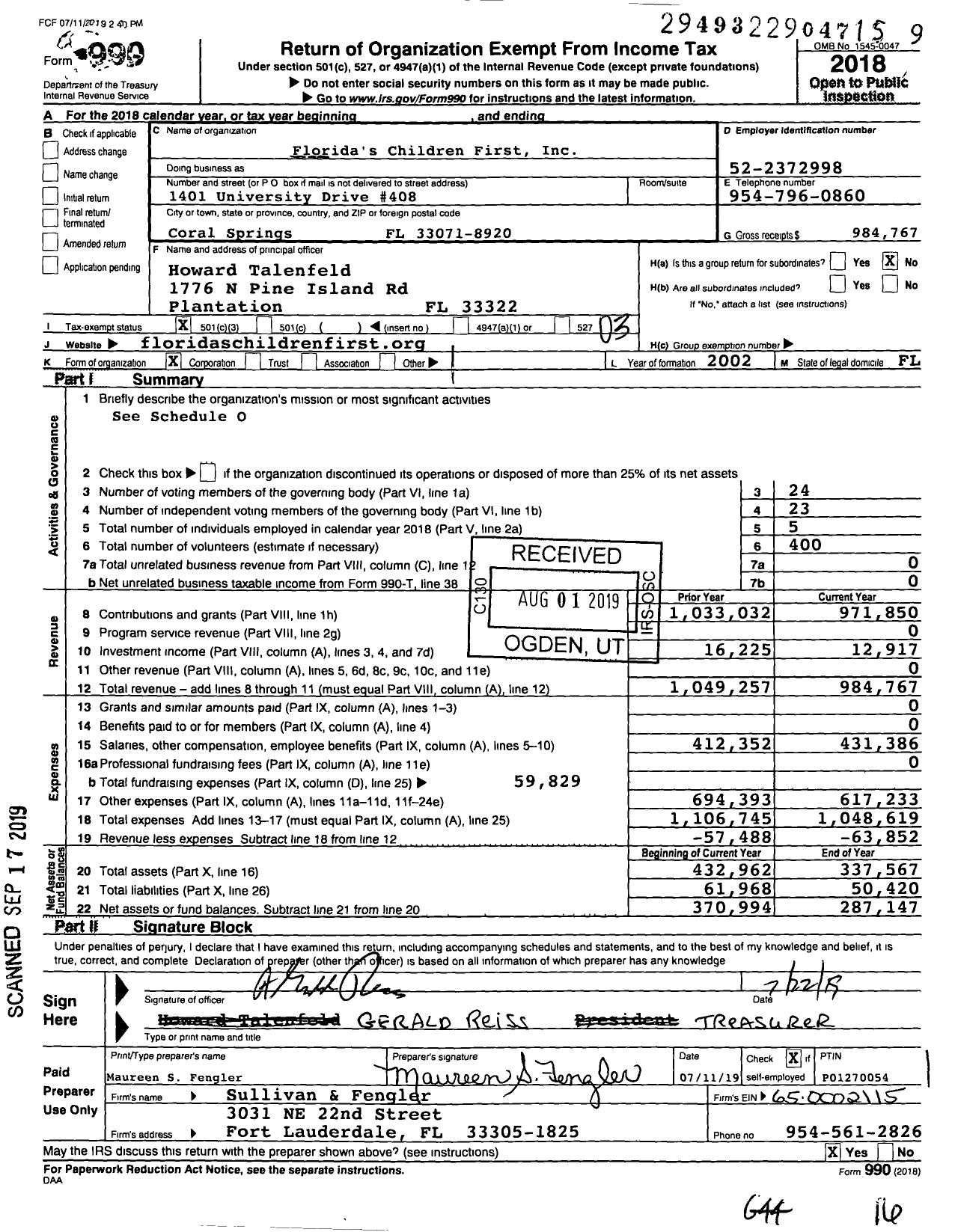 Image of first page of 2018 Form 990 for Florida's Children First