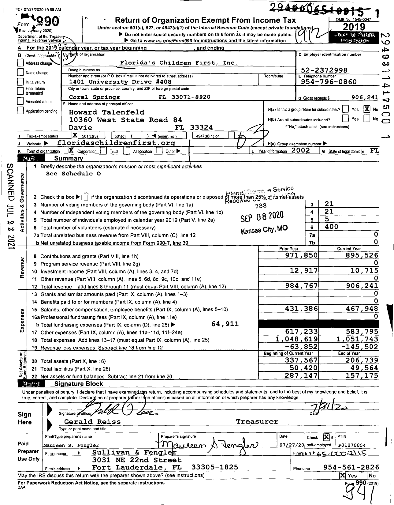 Image of first page of 2019 Form 990 for Florida's Children First