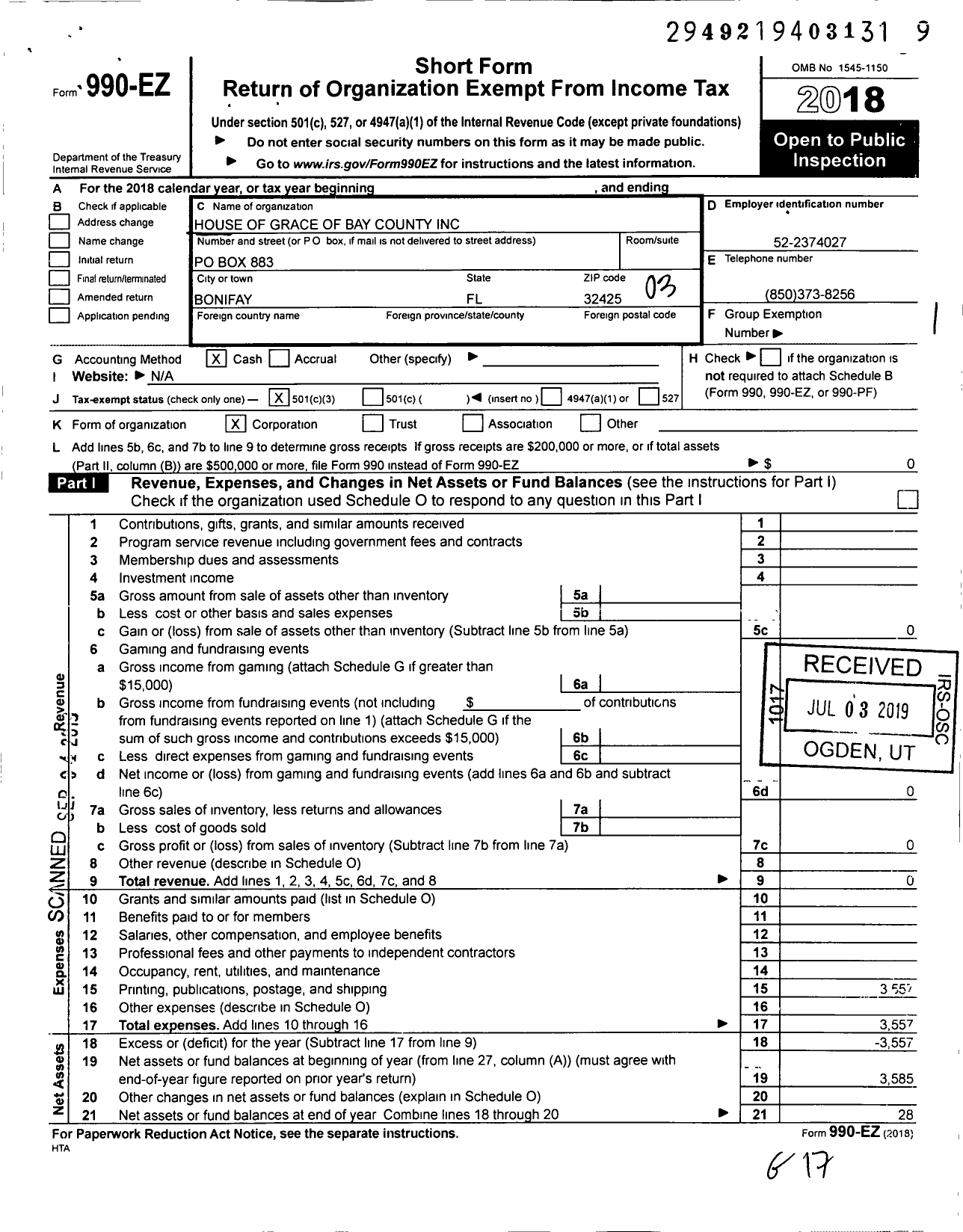 Image of first page of 2018 Form 990EZ for House of Grace of Bay County